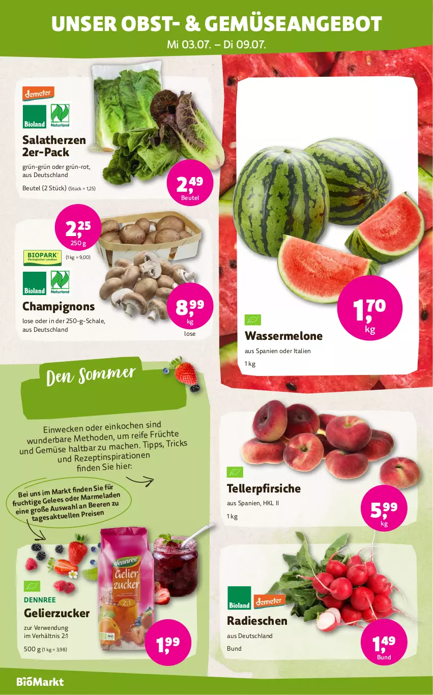 Aktueller Prospekt Denns Biomarkt - von 03.07 bis 16.07.2024 - strona 2 - produkty: angebot, beere, beeren, beutel, champignon, champignons, dennree, eis, elle, frucht, früchte, gelierzucker, mac, marmelade, melone, obst, pfirsich, pfirsiche, radieschen, reis, rezept, rwe, salat, salatherzen, Schal, Schale, teller, Ti, und gemüse, wasser, weck, zucker