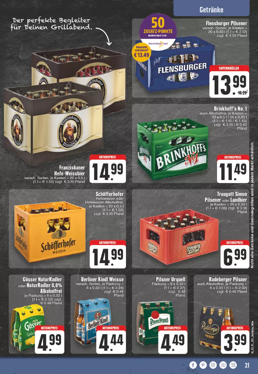 Aktueller Prospekt E Center - Angebote der Woche - von 01.05 bis 06.05.2023 - strona 21 - produkty: alkohol, Berger, bier, burger, eier, eis, flensburger, franziskaner, getränk, getränke, gösser, Hefe, hefeweizen, natur, pils, pilsener, pilsner, radeberger, radeberger pilsner, radler, schöfferhofer, sim, Ti, weissbier