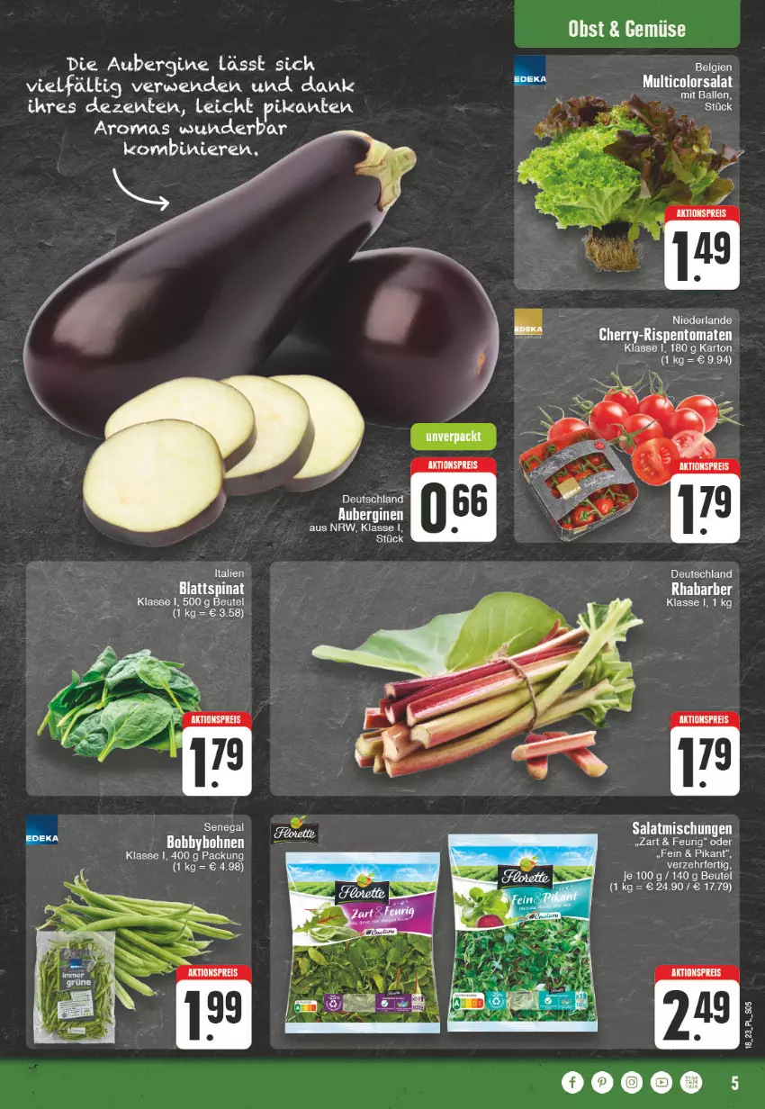 Aktueller Prospekt E Center - Angebote der Woche - von 01.05 bis 06.05.2023 - strona 5 - produkty: aubergine, beutel, blattspinat, gin, obst, rhabarber, rispentomaten, rwe, salat, spinat, Ti, tomate, tomaten