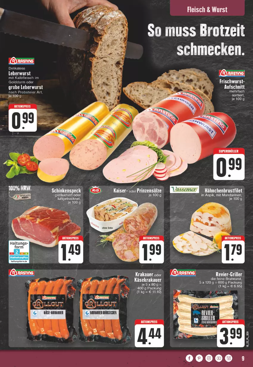 Aktueller Prospekt E Center - Angebote der Woche - von 01.05 bis 06.05.2023 - strona 9 - produkty: aktionspreis, auer, aufschnitt, brot, eier, eis, ente, fleisch, grill, Kaiser, Kalbfleisch, Käse, krakauer, mandarine, mandarinen, mit kalbfleisch, obst, prinzensülze, reis, schinken, schinkenspeck, Speck, Ti, wurst