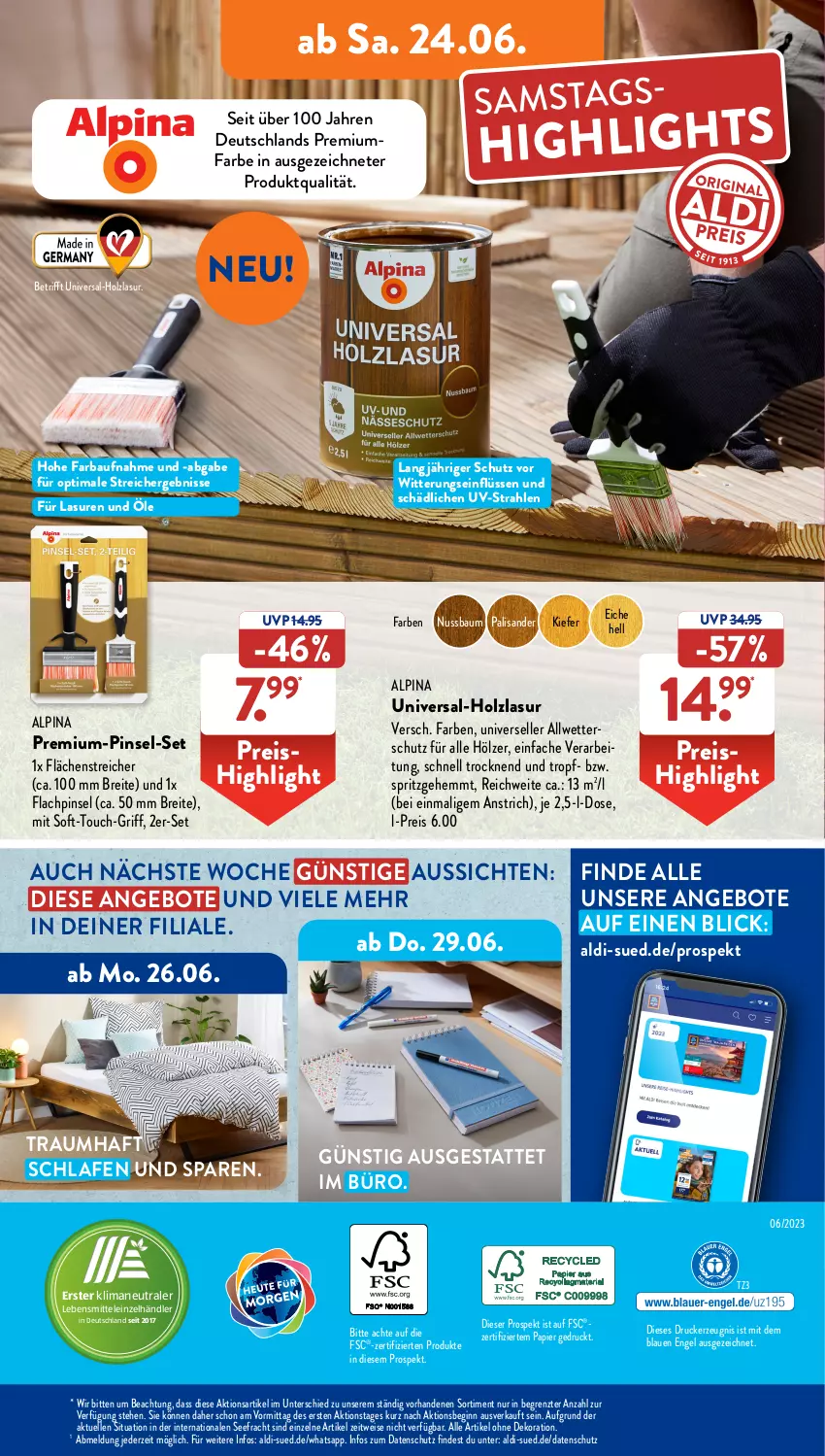 Aktueller Prospekt AldiSud - NÄCHSTE WOCHE - von 19.06 bis 24.06.2023 - strona 32 - produkty: aldi, alle artikel ohne dekoration, alpina, angebot, angebote, Bau, Brei, dekoration, drucker, eis, elle, Engel, gin, Holz, holzlasur, HP, kerze, lebensmittel, nuss, papier, Pinsel, reis, Ti, ZTE