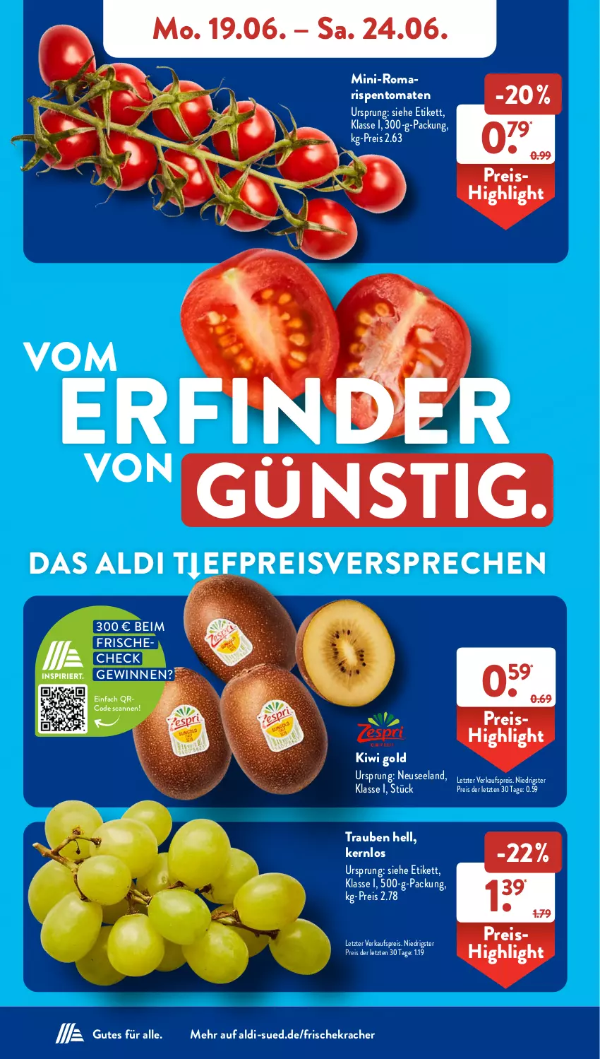 Aktueller Prospekt AldiSud - NÄCHSTE WOCHE - von 19.06 bis 24.06.2023 - strona 4 - produkty: aldi, eis, Elan, kiwi, Kiwi Gold, kracher, reis, rispentomaten, Ti, tomate, tomaten, trauben, ZTE