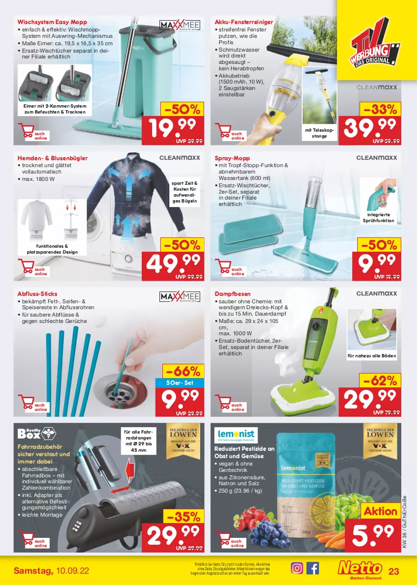 Aktueller Prospekt Netto Marken-Discount - Filial-Angebote - von 05.09 bis 10.09.2022 - strona 23 - produkty: adapter, akku, angebot, auer, auto, bluse, Bodentücher, bügel, eimer, eis, ente, Fahrrad, fenster, hemd, hemden, obst, Obst und Gemüse, reifen, reiniger, ring, salz, Seife, Teleskop, Ti, tisch, tücher, und gemüse, wasser, wassertank, Wischmopp, zitrone, zitronen, ZTE