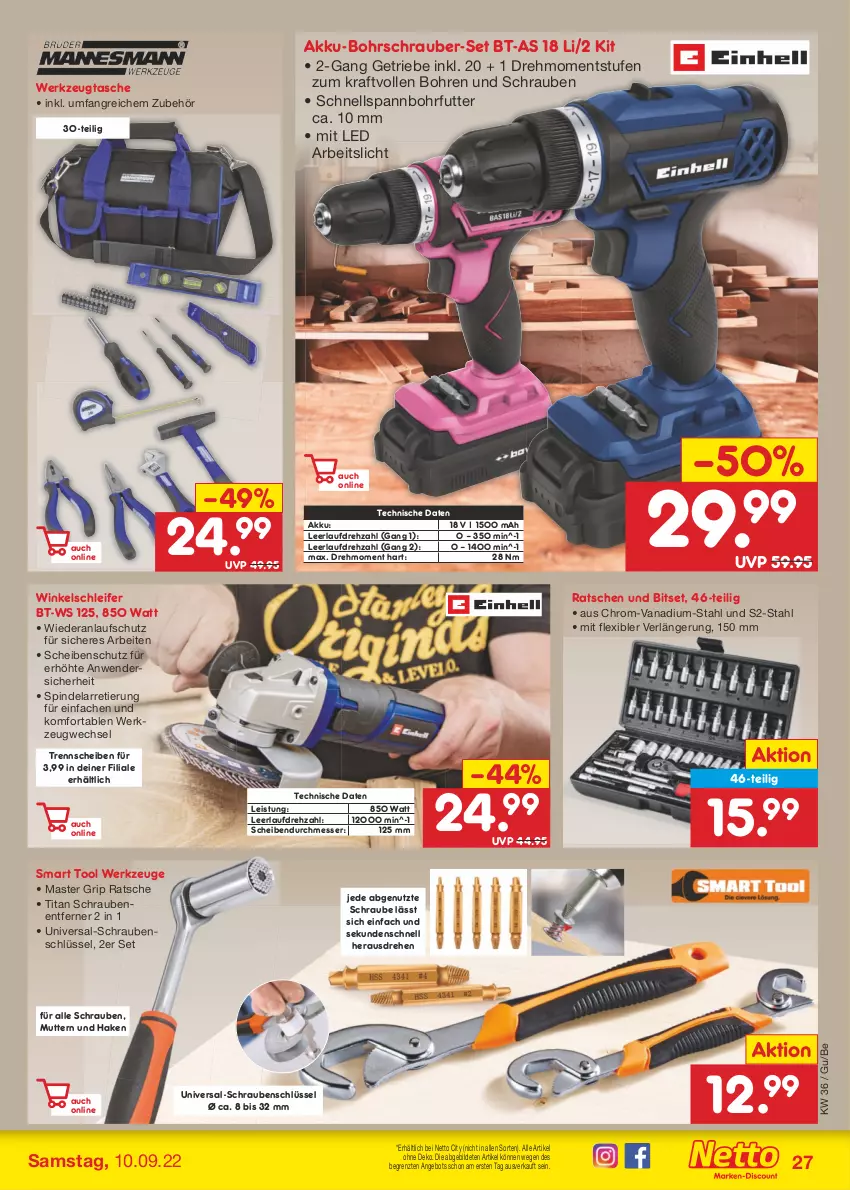 Aktueller Prospekt Netto Marken-Discount - Filial-Angebote - von 05.09 bis 10.09.2022 - strona 27 - produkty: akku, akku-bohrschrauber, angebot, Bitset, Bohrschrauber, eis, enders, kraft, messer, schrauben, Tasche, Ti, werkzeug, werkzeuge, Winkelschleifer, ZTE