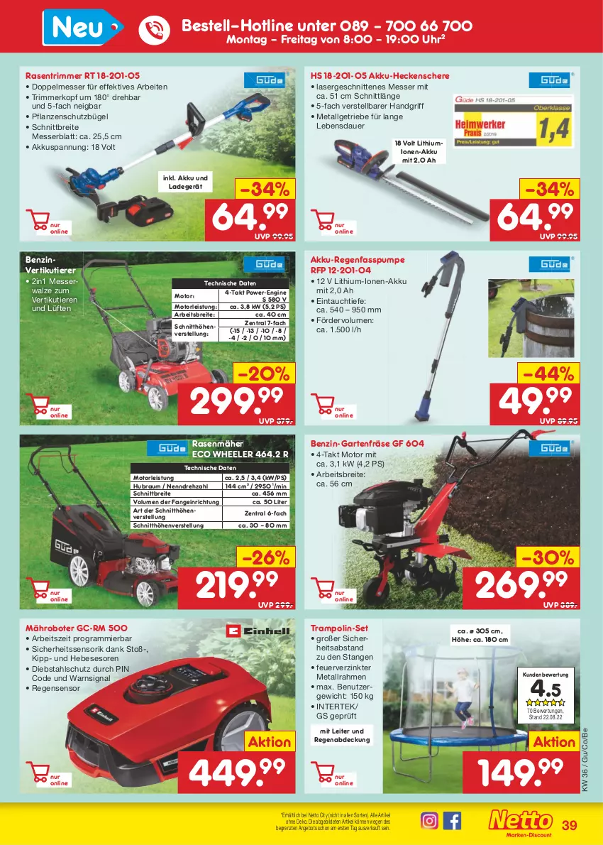 Aktueller Prospekt Netto Marken-Discount - Filial-Angebote - von 05.09 bis 10.09.2022 - strona 39 - produkty: akku, akku-heckenschere, Akku-Regenfasspumpe, angebot, auer, Brei, bügel, eis, Garten, gin, heckenschere, intertek, ladegerät, LG, mähroboter, messer, pflanze, pflanzen, rasen, rasenmäher, rasentrimmer, Schere, schnitten, Signal, Ti, Tiere, Trampolin, uhr, ZTE