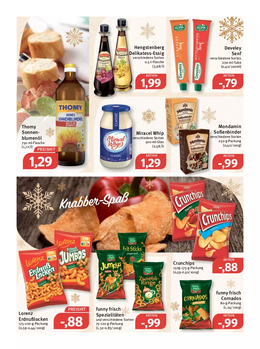 Aktueller Prospekt Feneberg - Prospekte - von 20.12 bis 24.12.2021 - strona 12 - produkty: blume, blumen, blumenöl, chips, crunchips, delikatess-essig, develey, eis, essig, flasche, Funny Frisch, hengstenberg, lorenz, miracel, miracel whip, mondamin, reis, senf, sonnenblume, sonnenblumen, sonnenblumenöl, Soße, Spezi, thomy, Ti