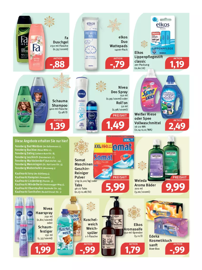 Aktueller Prospekt Feneberg - Prospekte - von 20.12 bis 24.12.2021 - strona 15 - produkty: angebot, angebote, auer, Bad, ball, buch, chloe, deka, deo, deo spray, Diesel, duschgel, Egger, eis, elkos, emmi, fa duschgel, flasche, geschirr, haarspray, kosmetik, Kuschelweich, Lippenpflege, nivea, oder schaumfestiger, Ofen, reiniger, reis, schauma, schauma shampoo, schaumfestiger, Seife, shampoo, somat, spee, Ti, tuc, vollwaschmittel, waschmittel, wattepads, weichspüler, weleda