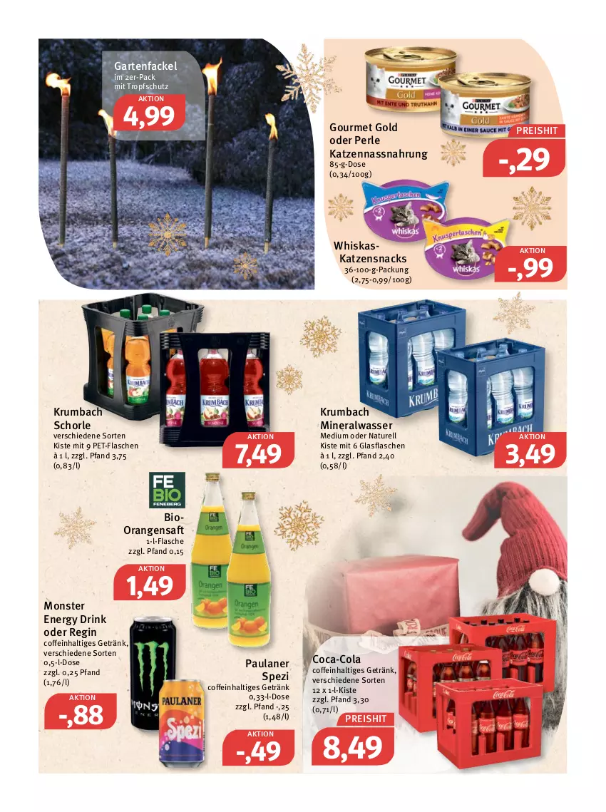 Aktueller Prospekt Feneberg - Prospekte - von 20.12 bis 24.12.2021 - strona 18 - produkty: Alwa, bio, coca-cola, coffein, cola, drink, eis, energy drink, flasche, Garten, Gartenfackel, getränk, gin, glasflasche, gourmet gold, katzensnack, katzensnacks, krumbach, mineralwasser, Mineralwasser Medium, monster, Monster Energy, Nassnahrung, natur, orange, orangen, orangensaft, Paula, paulaner, pet-flasche, pet-flaschen, reis, rel, rum, saft, schorle, snack, snacks, Spezi, Ti, wasser, whiskas