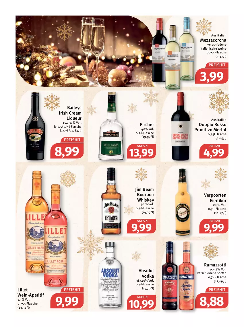 Aktueller Prospekt Feneberg - Prospekte - von 20.12 bis 24.12.2021 - strona 20 - produkty: Absolut Vodka, aperitif, baileys, bourbon, bourbon whiskey, corona, eier, eierlikör, eis, flasche, irish cream, jim beam, likör, lillet, liqueur, merl, merlot, mezzacorona, pircher, primitivo, rama, ramazzott, ramazzotti, reis, Ti, verpoorten, vodka, wein, weine, whiskey, zott