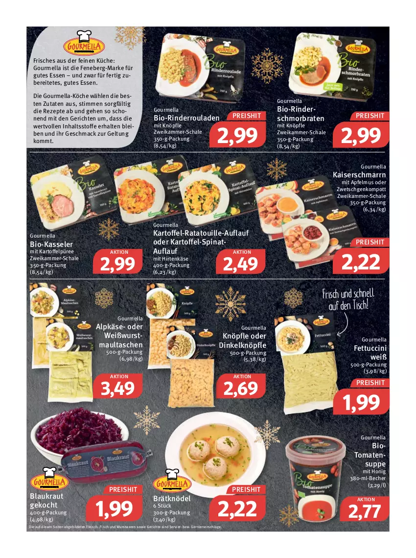 Aktueller Prospekt Feneberg - Prospekte - von 20.12 bis 24.12.2021 - strona 3 - produkty: apfel, apfelmus, Becher, bio, braten, cin, eis, fisch, fleisch, garnier, gutes essen, hirtenkäse, honig, Kaiser, Kaiserschmarrn, kartoffel, Kartoffelpüree, Käse, kasseler, Knödel, Kraut, küche, mac, maultaschen, püree, reis, rezept, rezepte, rind, rinder, Rinderroulade, rinderrouladen, rouladen, Schal, Schale, schmorbraten, spinat, suppe, Tasche, taschen, Ti, tisch, tomate, tomaten, Tomatensuppe, tuc, Weißwurst, wurst