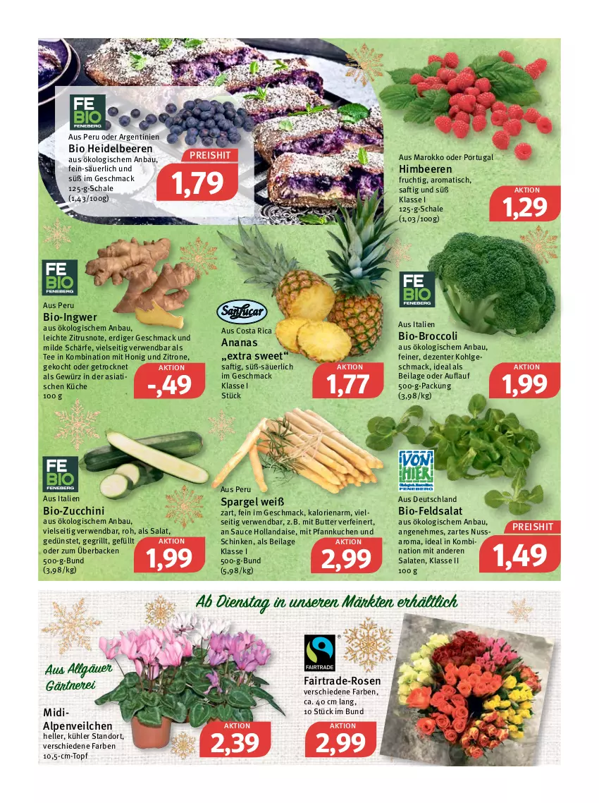 Aktueller Prospekt Feneberg - Prospekte - von 20.12 bis 24.12.2021 - strona 6 - produkty: Alpenveilchen, ananas, Bau, beere, beeren, bio, bio-zucchini, broccoli, butter, eis, elle, ente, feldsalat, frucht, gewürz, grill, heidelbeere, heidelbeeren, himbeer, himbeere, himbeeren, hollandaise, honig, ilag, ingwer, küche, kuchen, LG, mac, nuss, Pfannkuchen, reis, rosen, rwe, saft, salat, salate, saro, sauce, sauce hollandaise, Schal, Schale, schinken, spargel, tee, Ti, tisch, topf, zitrone, zucchini