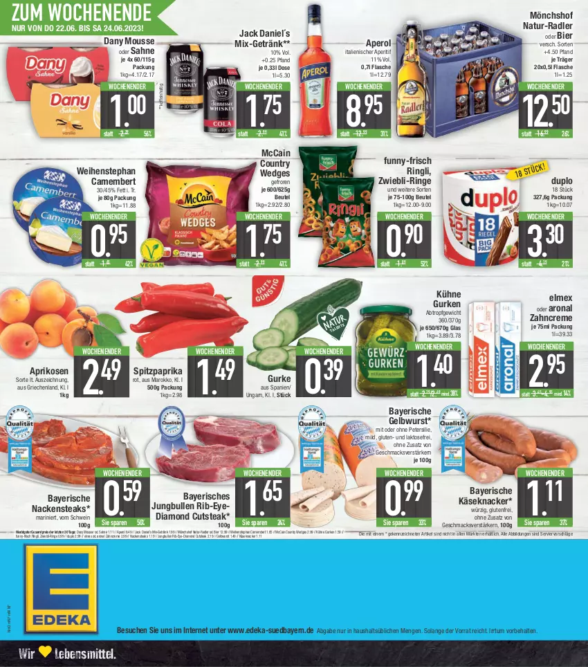 Aktueller Prospekt E Center - Angebote der Woche - von 12.06 bis 17.06.2023 - strona 20 - produkty: aperitif, aperol, aprikose, aprikosen, beutel, bier, camembert, creme, Dany, deka, duplo, eis, elmex, flasche, funny-frisch, getränk, gurke, gurken, jack daniel, jungbullen, Käse, knacker, Kühne, lebensmittel, mac, mccain, mönchshof, mousse, Nackensteak, nackensteaks, natur, paprika, paprika rot, petersilie, radler, reis, ring, sahne, schwein, Spitzpaprika, steak, steaks, Ti, wedges, weihenstephan, wein, wurst, zahncreme, ZTE