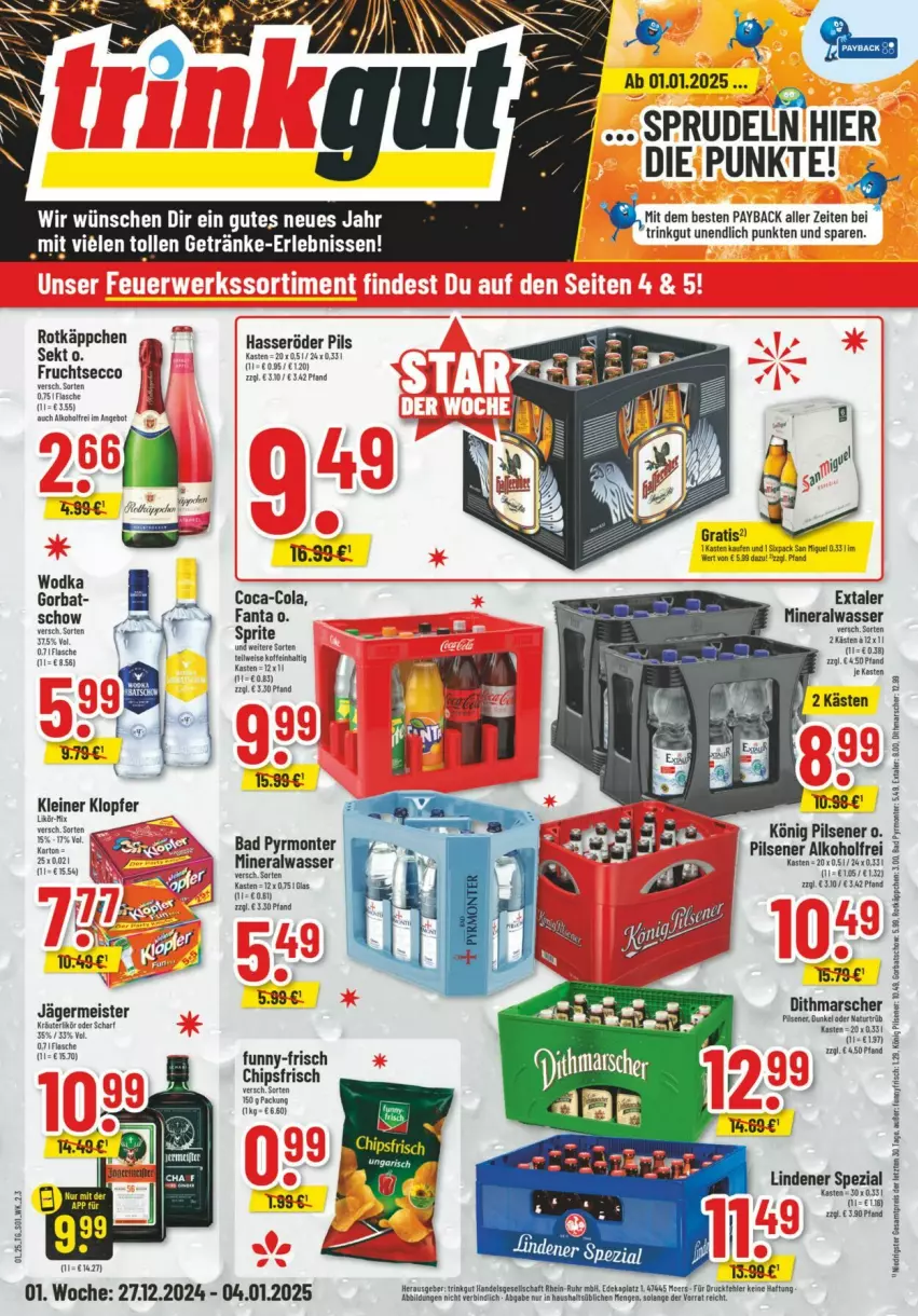 Aktueller Prospekt Trinkgut - Prospekte - von 22.12 bis 28.12.2024 - strona 1 - produkty: alkohol, Alwa, Bad, chips, chipsfrisch, coca-cola, cola, deka, ecco, eis, ente, Extaler, fanta, flasche, frucht, fruchtsecco, funny-frisch, Germ, getränk, getränke, hasseröder, jägermeister, kleiner klopfer, könig pilsener, leine, mars, Meister, mineralwasser, monte, natur, payback, pils, pilsener, rotkäppchen, sekt, Spezi, sprite, Sprudel, Ti, wasser, wodka