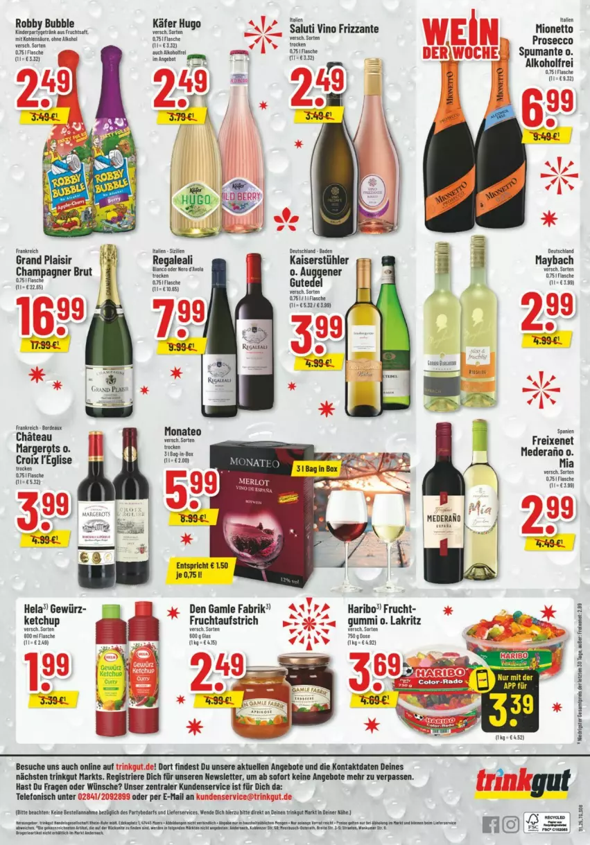 Aktueller Prospekt Trinkgut - Prospekte - von 22.12 bis 28.12.2024 - strona 8 - produkty: alkohol, angebot, angebote, aufstrich, Bad, brut, champagne, champagner, den gamle, elle, fisch, fische, flasche, freixenet, frizzante, frucht, fruchtaufstrich, gewürz, gin, haribo, Hela, hugo, käfer, Kaiser, ketchup, Lakritz, maybach, mionetto, monati, regal, robby, Stühl, telefon, Ti