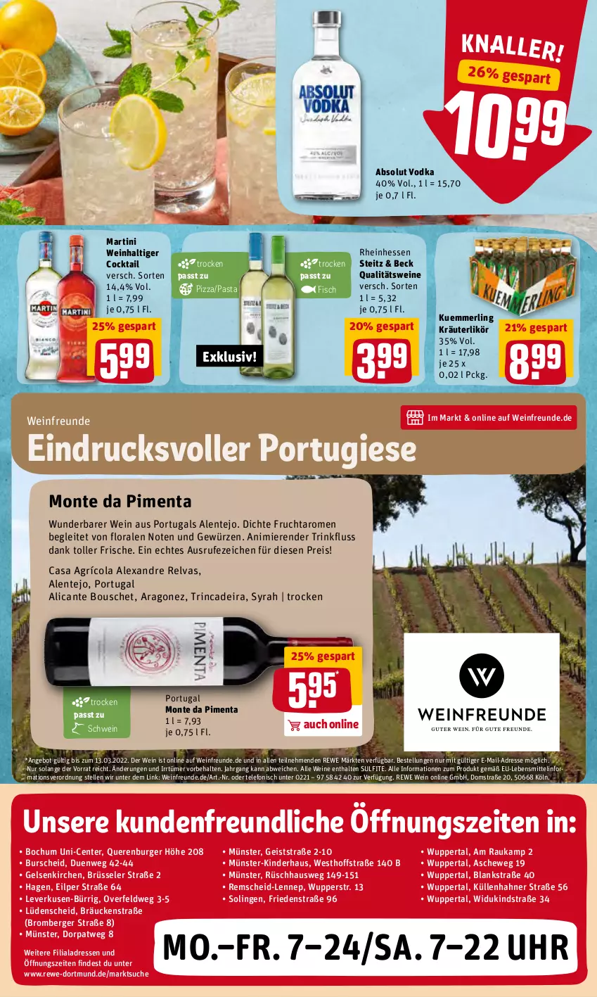 Aktueller Prospekt Rewe - REWE Ihr Kaufpark - von 07.03 bis 12.03.2022 - strona 21 - produkty: Absolut Vodka, alexa, angebot, Berger, burger, cocktail, cola, eis, elle, ente, fisch, frucht, gewürz, Kinder, kräuter, kräuterlikör, kuemmerling, lebensmittel, likör, martini, merl, monte, pasta, pizza, qualitätswein, qualitätsweine, reis, rel, schwein, telefon, Ti, uhr, vodka, wein, weine