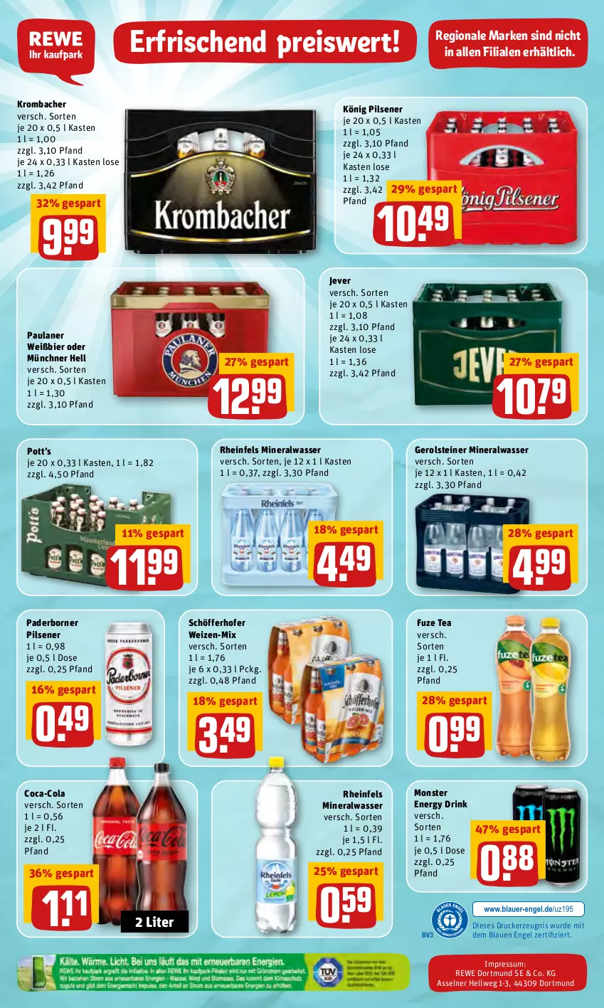 Aktueller Prospekt Rewe - REWE Ihr Kaufpark - von 07.03 bis 12.03.2022 - strona 24 - produkty: Alwa, bier, coca-cola, cola, drink, drucker, eis, energy drink, Engel, fuze tea, gerolsteine, gerolsteiner, jever, kerze, könig pilsener, krombache, krombacher, mineralwasser, monster, Monster Energy, Paula, paulaner, pils, pilsener, reis, schöfferhofer, steiner, Ti, wasser