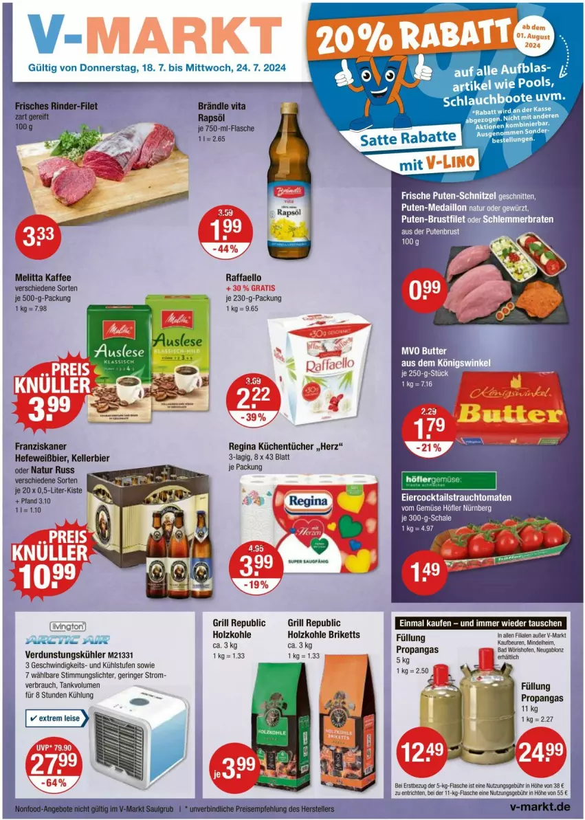 Aktueller Prospekt Vmarkt - Prospekte - von 18.07 bis 24.07.2024 - strona 1 - produkty: bier, braten, briketts, brustfilet, butter, cocktail, cocktails, eier, elle, filet, flasche, franziskaner, gewürz, gin, Hefe, Holz, holzkohle, kaffee, kellerbier, küche, Küchen, küchentücher, melitta, natur, pute, raffaello, Rauch, ring, Schal, Schale, schlauch, schnitten, schnitzel, strauchtomaten, tee, Ti, tomate, tomaten, tücher