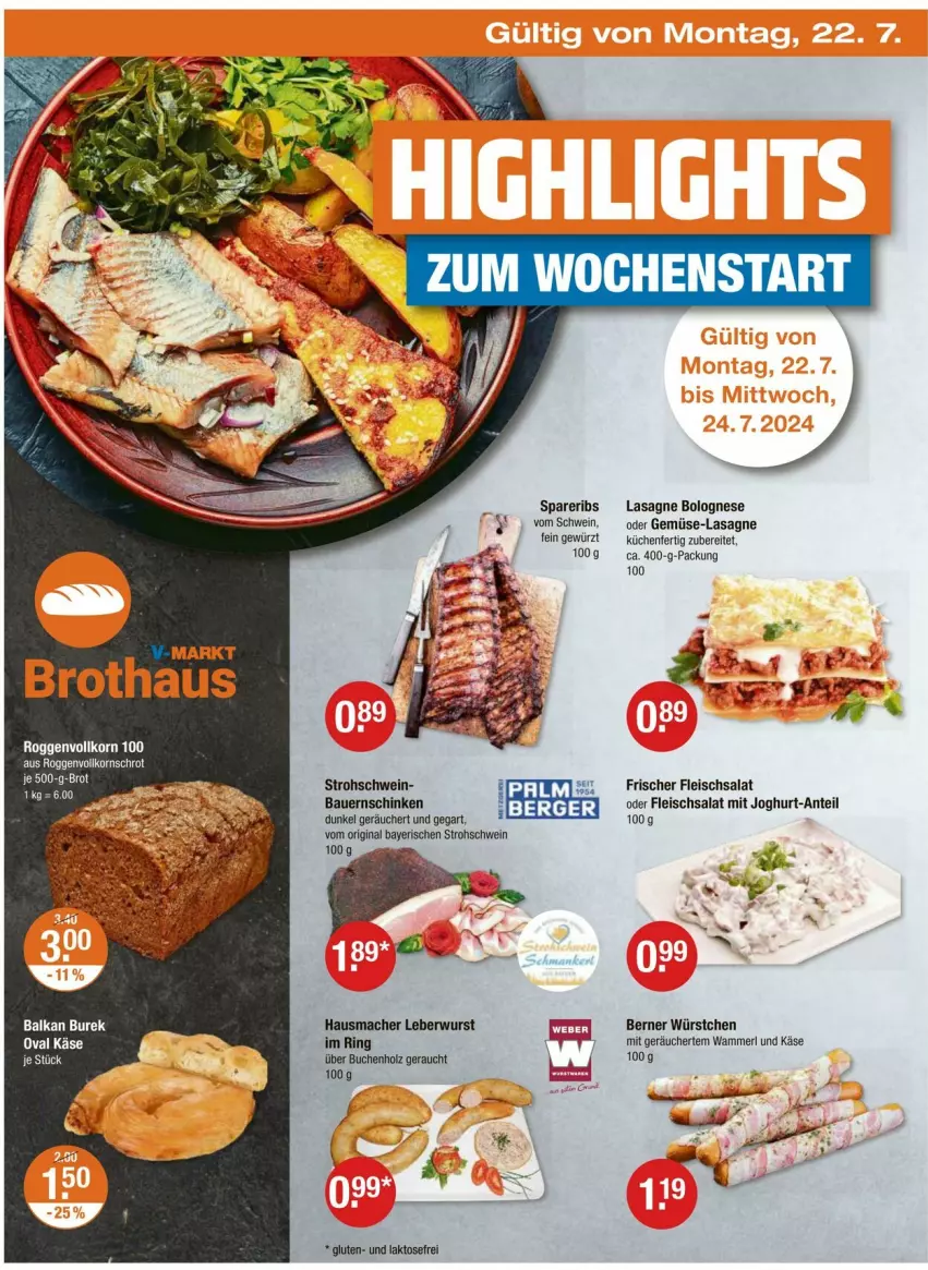 Aktueller Prospekt Vmarkt - Prospekte - von 18.07 bis 24.07.2024 - strona 18 - produkty: auer, Berger, bolognese, buch, Burek, eis, fleisch, fleischsalat, gewürz, gin, Hausmacher, Holz, joghur, joghurt, Käse, korn, küche, Küchen, lasagne, leberwurst, mac, merl, Rauch, ring, salat, schinken, schwein, spareribs, Ti, wein, wurst, würstchen