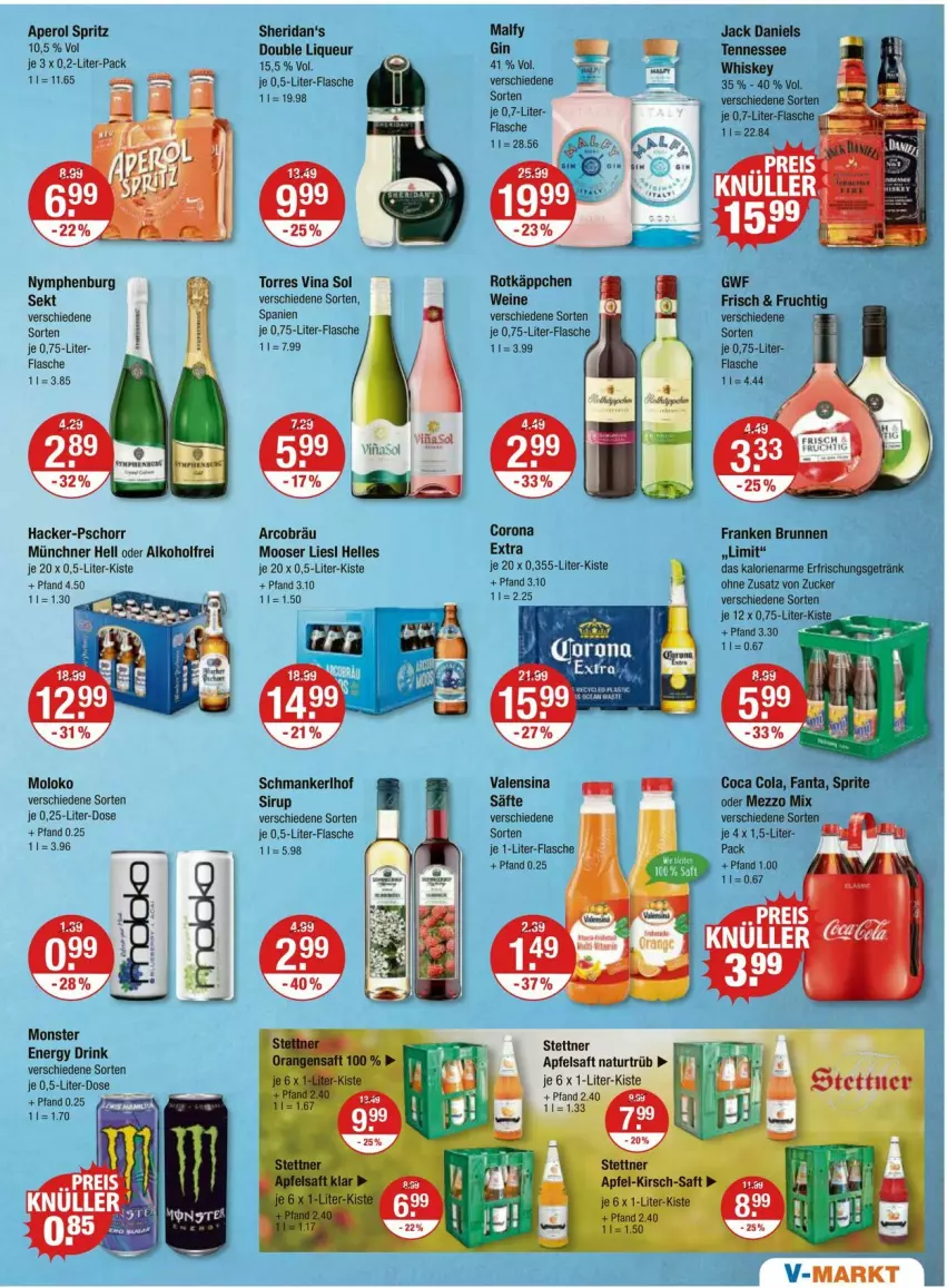 Aktueller Prospekt Vmarkt - Prospekte - von 18.07 bis 24.07.2024 - strona 9 - produkty: alkohol, aperol, apfel, apfelsaft, brunnen, cola, corona, drink, elle, energy drink, erfrischungsgetränk, fanta, flasche, franken brunnen, frucht, getränk, gin, jack daniel, jack daniels, je 1-liter-flasche, kirsch, liqueur, Mezzo Mix, monster, Monster Energy, natur, rotkäppchen, saft, säfte, sekt, sirup, sprite, tennessee whiskey, Ti, valensina, wein, weine, whiskey, zucker