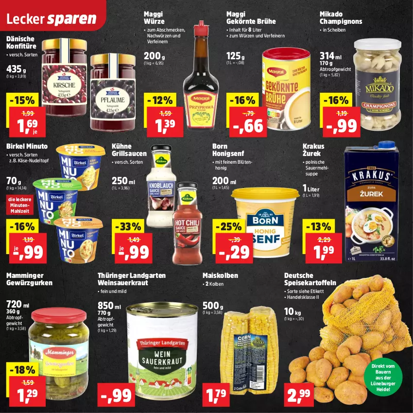 Aktueller Prospekt Thomas Philipps - von 24.11 bis 29.11.2025 - strona 24 - produkty: auer, Bau, Bauer, birkel, Blüte, blütenhonig, Brühe, burger, champignon, champignons, eis, Garten, gewürz, grill, grillsauce, gurke, gurken, honig, kartoffel, kartoffeln, Käse, konfitüre, Kraut, Kühne, maggi, maggi würze, mais, mam, mamminger, mehl, mikado, nudel, ring, sauce, saucen, Sauerkraut, senf, suppe, Ti, topf, wein, Weinsauerkraut