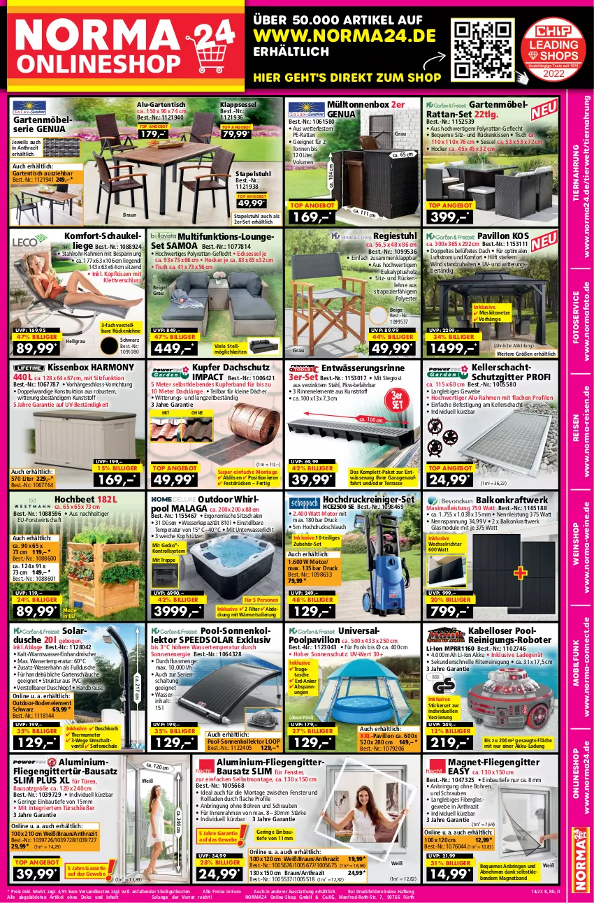 Aktueller Prospekt Norma - Norma - von 23.03 bis 09.04.2023 - strona 1 - produkty: akku, angebot, Bau, braun, brause, dusche, eis, elle, ente, fenster, fliegengitter, Garten, gartenmöbel, gartentisch, handbrause, hochdruckreiniger, hocker, Holz, kissen, klappsessel, kopfkissen, kopfstütze, korb, kraft, ladegerät, leine, LG, Liege, loungeset, möbel, moskitonetz, ndk, pavillon, pool, reiniger, Reinigung, reis, ring, Rückenkissen, rückenlehne, rwe, Schal, Schale, Schaukel, Schaukelliege, schlauch, schläuche, schrauben, Seife, sessel, sonnenschutz, spee, stapelstuhl, stuhl, Tasche, thermometer, Ti, tiernahrung, tisch, tragetasche, wasser, wein, weine, weinshop, Whirlpool