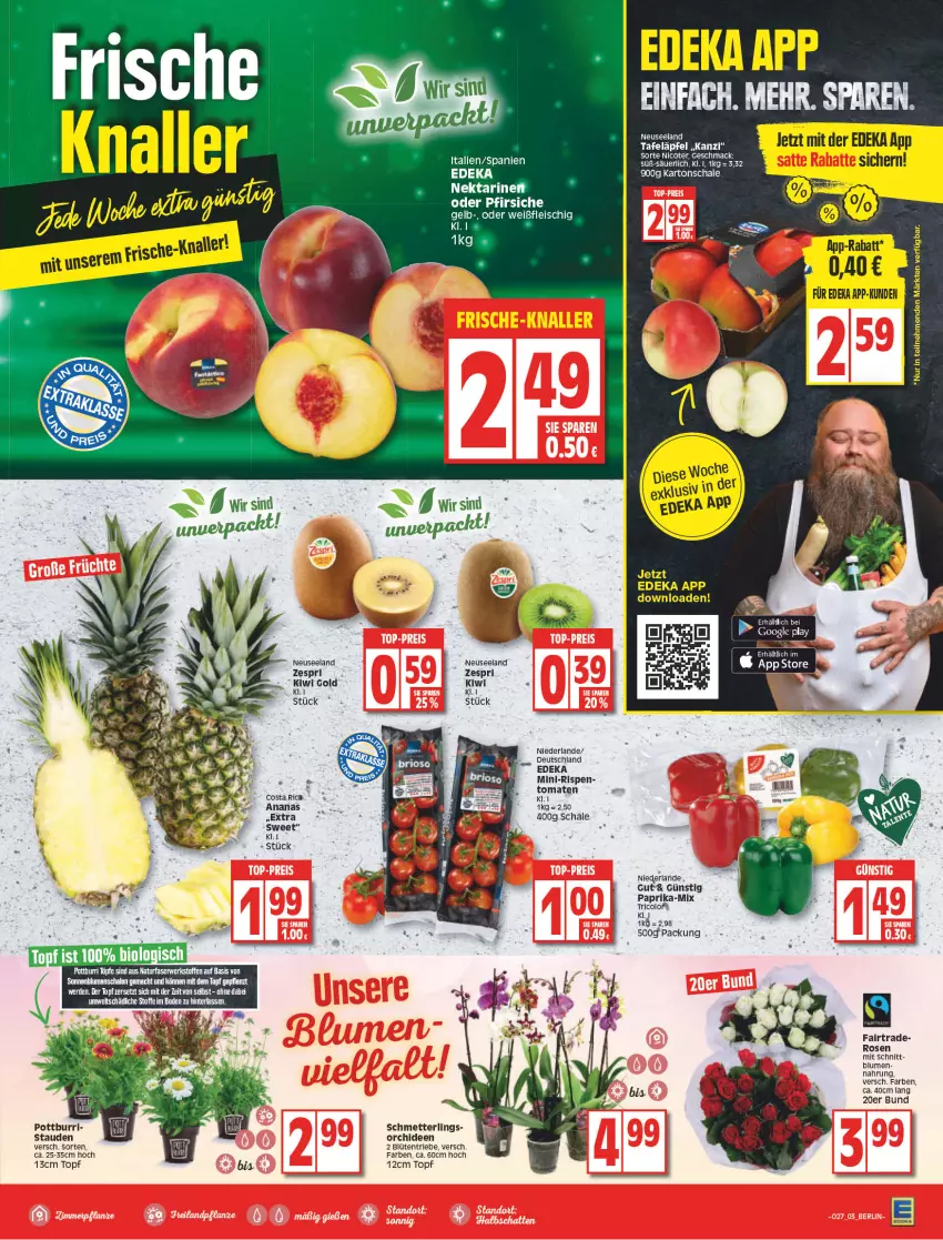 Aktueller Prospekt Edeka - Angebote der Woche - von 04.07 bis 09.07.2022 - strona 3 - produkty: ananas, apfel, blume, blumen, Blüte, deka, eis, Elan, fleisch, google play, kiwi, Kiwi Gold, mac, Mett, natur, oder pfirsiche, orchidee, orchideen, paprika, pfirsich, pfirsiche, rosen, rwe, Schal, Schale, Schmetterling, sonnenblume, sonnenblumen, stauden, Ti, tomate, tomaten, topf, zespri