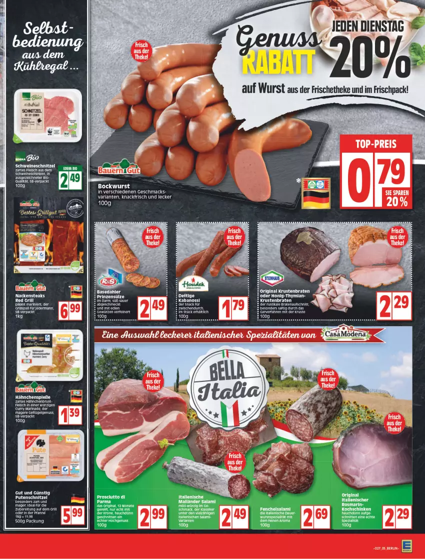 Aktueller Prospekt Edeka - Angebote der Woche - von 04.07 bis 09.07.2022 - strona 5 - produkty: arla, auer, aufschnitt, Bau, Bauer, bio, bockwurst, braten, bratenaufschnitt, curry, deka, edeka bio, eis, ente, fenchel, fleisch, Geflügel, gin, grill, hähnchenbrust, honig, kochschinken, krone, krustenbraten, LG, mac, marinade, Nackensteak, nackensteaks, nuss, pfanne, pute, putenschnitzel, reis, rel, Ria, sac, saft, salami, schinken, schnitten, schnitzel, schwein, schweine, schweineschnitzel, Spezi, steak, steaks, Ti, wein, weine, wurst, ZTE