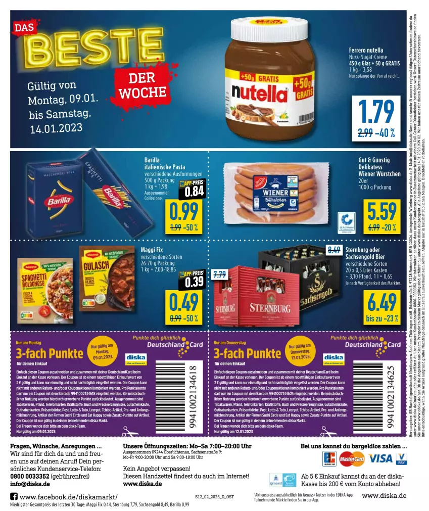 Aktueller Prospekt Diska - Prospekte - von 09.01 bis 14.01.2023 - strona 12 - produkty: aktionspreis, angebot, angebote, bier, buch, coupon, deka, deutschland card, eis, ente, erde, ferrero, guthabenkarte, gutschein, kraft, maggi, maggi fix, nuss, nutella, reis, rel, sac, Sternburg, Tchibo, tee, telefon, Ti, uhr, wiener, wiener würstchen, würstchen, Yo, ZTE