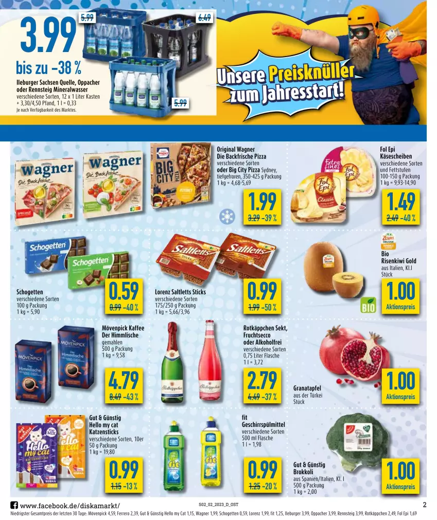 Aktueller Prospekt Diska - Prospekte - von 09.01 bis 14.01.2023 - strona 2 - produkty: aktionspreis, alkohol, Alwa, apfel, bio, brokkoli, burger, ecco, eis, elle, ferrero, flasche, fol epi, frucht, fruchtsecco, geschirr, geschirrspülmittel, gin, grana, granatapfel, kaffee, Käse, käsescheiben, kiwi, Kiwi Gold, lorenz, mineralwasser, mövenpick, mövenpick kaffee, original wagner, pizza, Rana, reis, rotkäppchen, sac, schogetten, sekt, spülmittel, Ti, wagner, wasser, ZTE