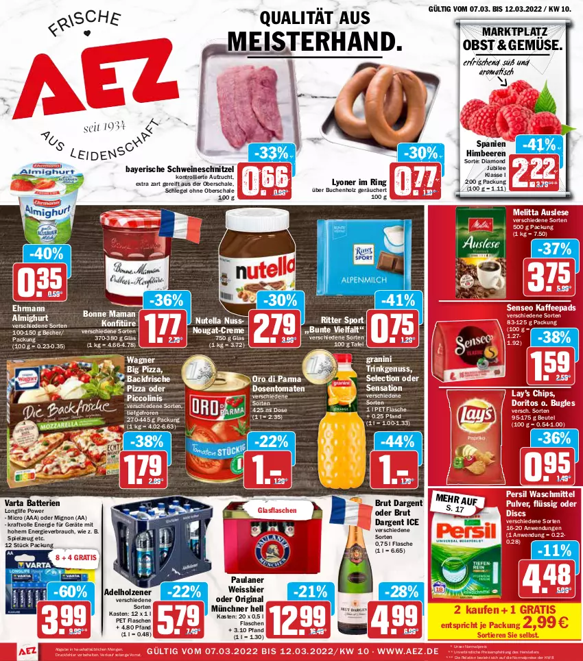 Aktueller Prospekt Aez - Prospekte - von 07.03 bis 12.03.2022 - strona 1 - produkty: adelholzener, AEZ, almighur, almighurt, batterie, batterien, Becher, beere, beeren, beutel, bier, bonne maman, brut, brut dargent, buch, bugles, chips, creme, Doritos, ehrmann, ehrmann almighurt, eis, elle, flasche, gin, glasflasche, granini, himbeer, himbeere, himbeeren, Holz, kaffee, kaffeepads, konfitüre, kraft, longlife, lyoner, mam, Meister, melitta, nuss, nutella, obst, oder piccolinis, oro di parma, Paula, paulaner, persil, persil waschmittel, piccolinis, pizza, Rauch, reis, rel, ring, ritter, ritter sport, Schal, Schale, schnitzel, schwein, schweine, schweineschnitzel, senseo, spielzeug, Sport, teller, Ti, Tiere, tisch, tomate, tomaten, trolli, varta, wagner, waschmittel, wein, weine, weissbier, Yo