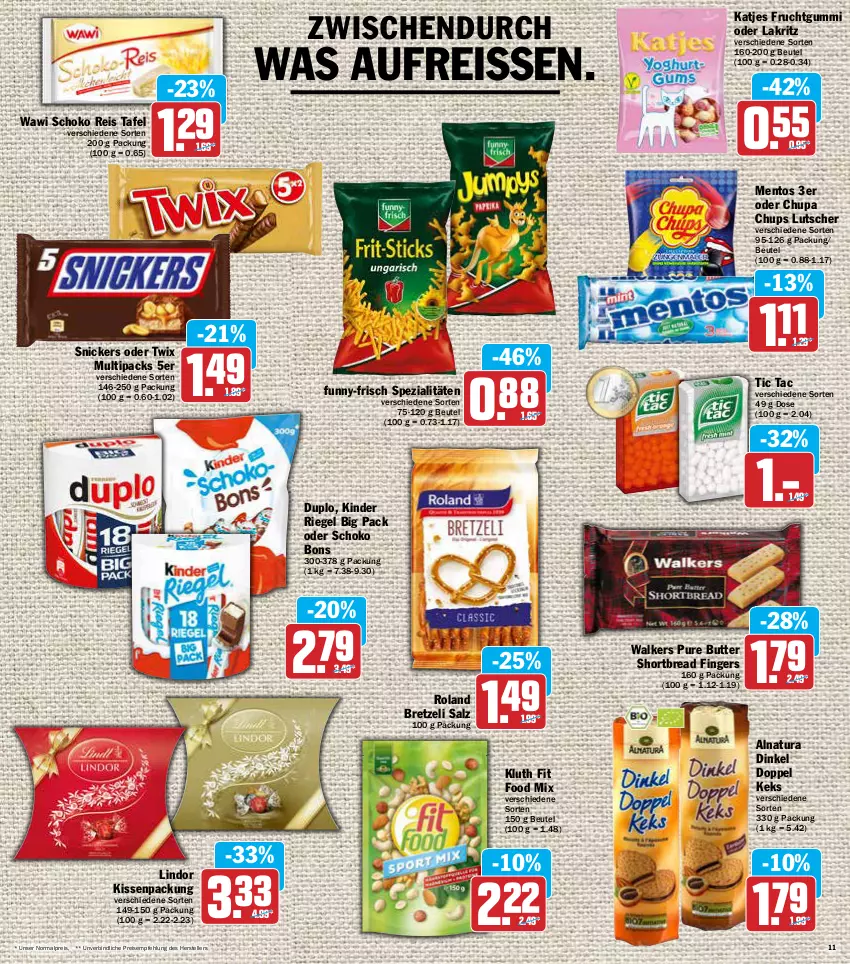 Aktueller Prospekt Aez - Prospekte - von 07.03 bis 12.03.2022 - strona 11 - produkty: beutel, butter, chupa, chupa chups, duplo, eis, elle, frucht, fruchtgummi, funny-frisch, katjes, keks, Kinder, kinder riegel, kissen, Lakritz, lindor, Lutscher, mentos, natur, natura, oder lakritz, oder twix, reis, reiss, riegel, salz, schoko, snickers, Spezi, teller, Ti, twix