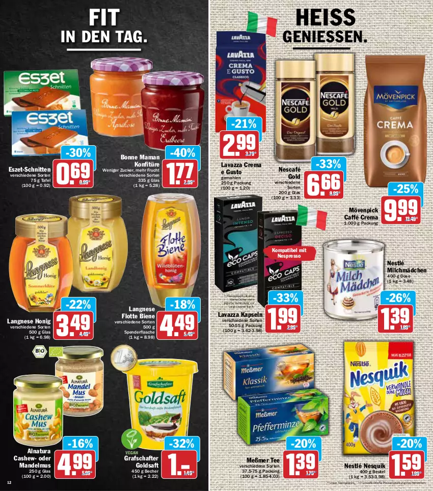 Aktueller Prospekt Aez - Prospekte - von 07.03 bis 12.03.2022 - strona 12 - produkty: Becher, beutel, bonne maman, Cashew, eis, elle, espresso, flasche, frucht, goldsaft, grafschafter, honig, konfitüre, langnese, lavazza, mam, mandel, Mandelmus, Meßmer, milch, mövenpick, natur, natura, Nescafé, nescafé gold, nespresso, nesquik, nestlé, reis, ritter, saft, schnitten, tee, teller, Ti, zucker