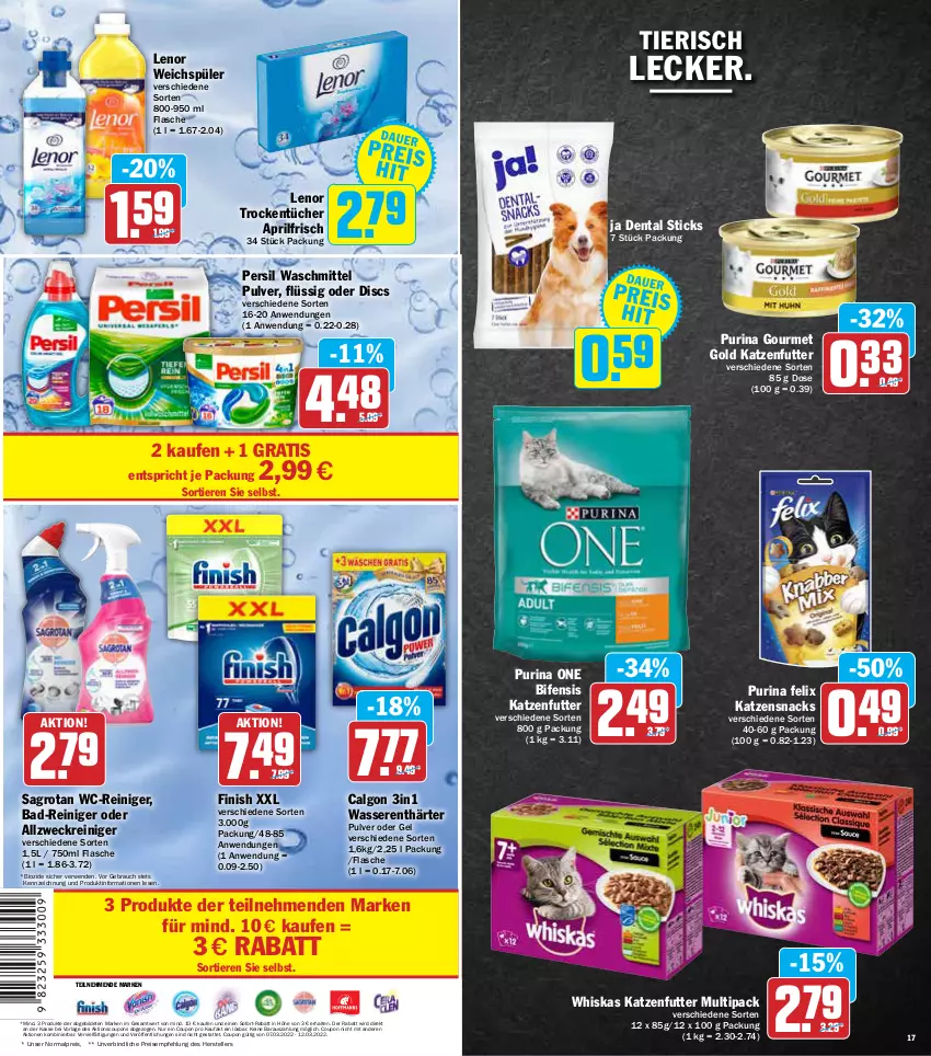 Aktueller Prospekt Aez - Prospekte - von 07.03 bis 12.03.2022 - strona 17 - produkty: allzweckreiniger, Bad, Bad-Reiniger, bio, calgon, coupon, coupons, eis, elle, felix, Finish, flasche, gourmet gold, katzenfutter, katzensnack, katzensnacks, lenor, lenor weichspüler, LG, persil, persil waschmittel, pril, purina, Rauch, reiniger, reis, rwe, sagrotan, snack, snacks, sofort-rabatt, teller, Ti, Tiere, tücher, waschmittel, wasser, wasserenthärter, wc-reiniger, weck, weichspüler, whiskas