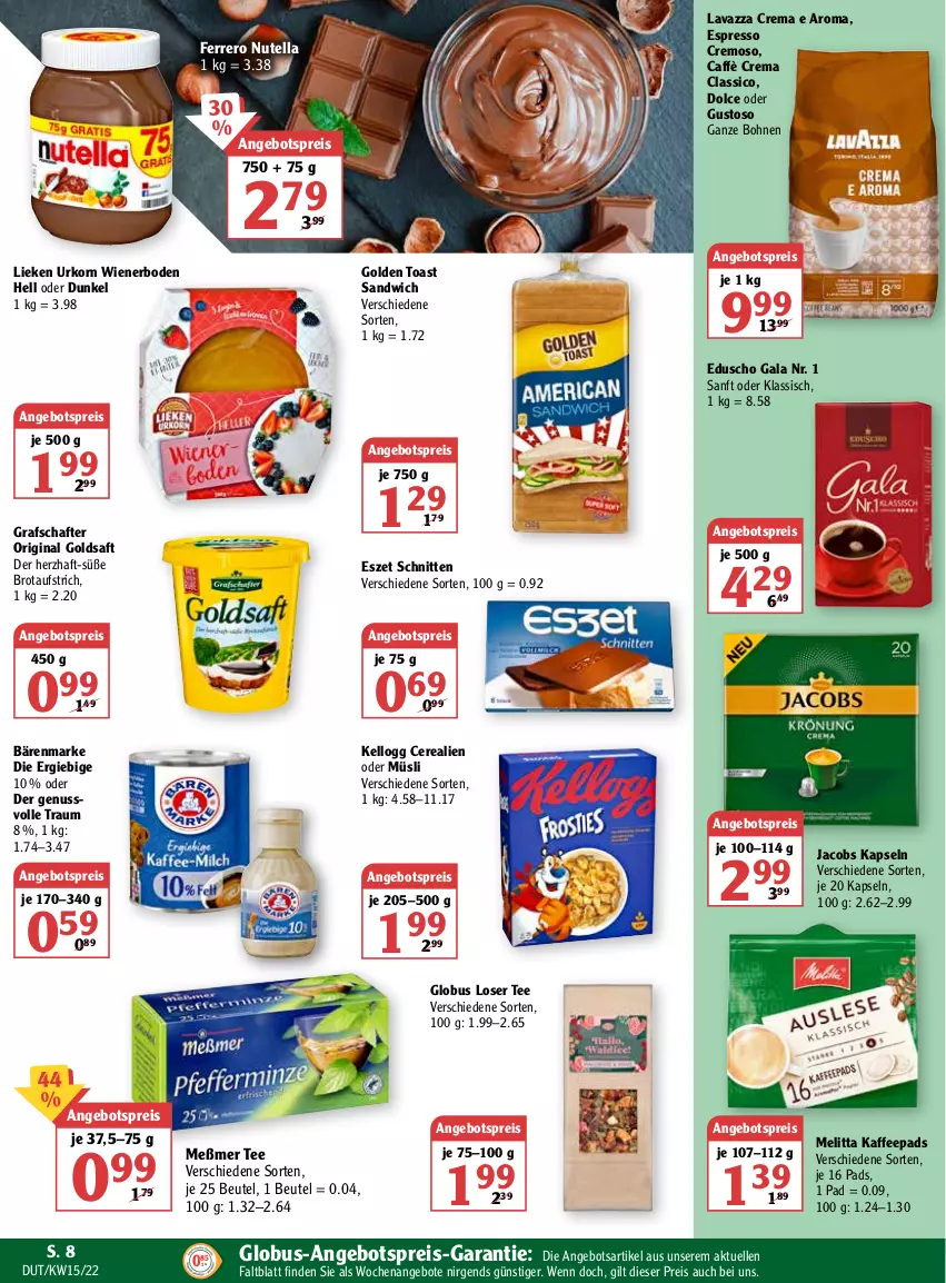 Aktueller Prospekt Globus - Prospekte - von 11.04 bis 16.04.2022 - strona 14 - produkty: angebot, angebote, angebotspreis, aufstrich, bärenmarke, beutel, bohne, bohnen, brot, brotaufstrich, caffè crema, cerealien, cerealien oder müsli, classico, eduscho, eis, elle, espresso, ferrero, gin, golden toast, goldsaft, grafschafter, jacobs, kaffee, kaffeepads, korn, lavazza, lieken, melitta, Meßmer, müsli, nuss, nutella, reis, saft, sandwich, schnitten, tee, Ti, toast, urkorn, wiener