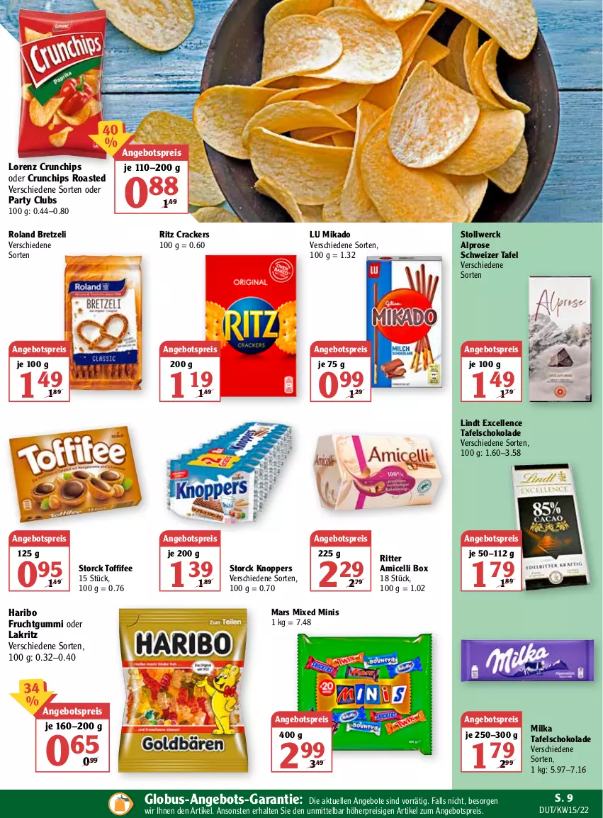 Aktueller Prospekt Globus - Prospekte - von 11.04 bis 16.04.2022 - strona 15 - produkty: alpro, amicelli, angebot, angebote, angebotspreis, chips, cracker, crunchips, eis, elle, frucht, fruchtgummi, haribo, knoppers, Lakritz, lindt, lorenz, lorenz crunchips, mars, mikado, milka, oder lakritz, reis, ritter, schoko, schokolade, storck, tafelschokolade, Ti, toffifee