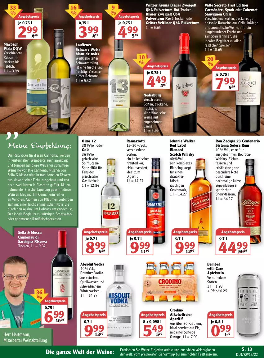 Aktueller Prospekt Globus - Prospekte - von 11.04 bis 16.04.2022 - strona 19 - produkty: Absolut Vodka, Abtei, alkohol, angebot, angebotspreis, aperitif, apfel, apfelwein, auer, Bau, binden, blauer zweigelt, blended scotch, blended scotch whisky, bourbon, braten, cabernet, cabernet sauvignon, Cap, decke, eier, eis, elle, ente, erde, flasche, fleisch, frucht, grüner veltliner, gsw, Hartmann, Holz, johnnie walker, Käse, kräuter, kräuterlikör, kräutern, likör, mac, maybach, nederburg, orange, ouzo, ouzo 12, pflaume, pflaumen, premium vodka, rama, ramazzott, ramazzotti, Rauch, reis, Ria, riesling, rind, rindfleisch, ring, riserva, rotwein, rum, rwe, sauvignon, schafskäse, schwarzriesling, scotch, scotch whisky, Spezi, spirituosen, Ti, tisch, usb, vodka, wasser, wein, weine, whiskey, whisky, zott, Zweigelt