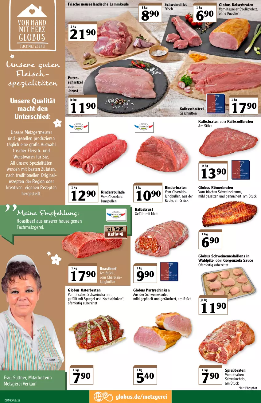 Aktueller Prospekt Globus - Prospekte - von 11.04 bis 16.04.2022 - strona 4 - produkty: beef, braten, eis, elle, erde, filet, fleisch, Germ, gin, gorgonzola, jungbullen, Kaiser, kalbsschnitzel, kasseler, kochschinken, kotelett, lamm, lammkeule, mac, medaillons, Meister, Mett, Ofen, pute, putenschnitzel, rezept, rezepte, rind, rinder, rinderbraten, Rinderroulade, roastbeef, rollbraten, salz, sauce, schinken, schnitten, schnitzel, schwein, schweine, schweinefilet, spargel, Spezi, Ti, wein, weine, wurst