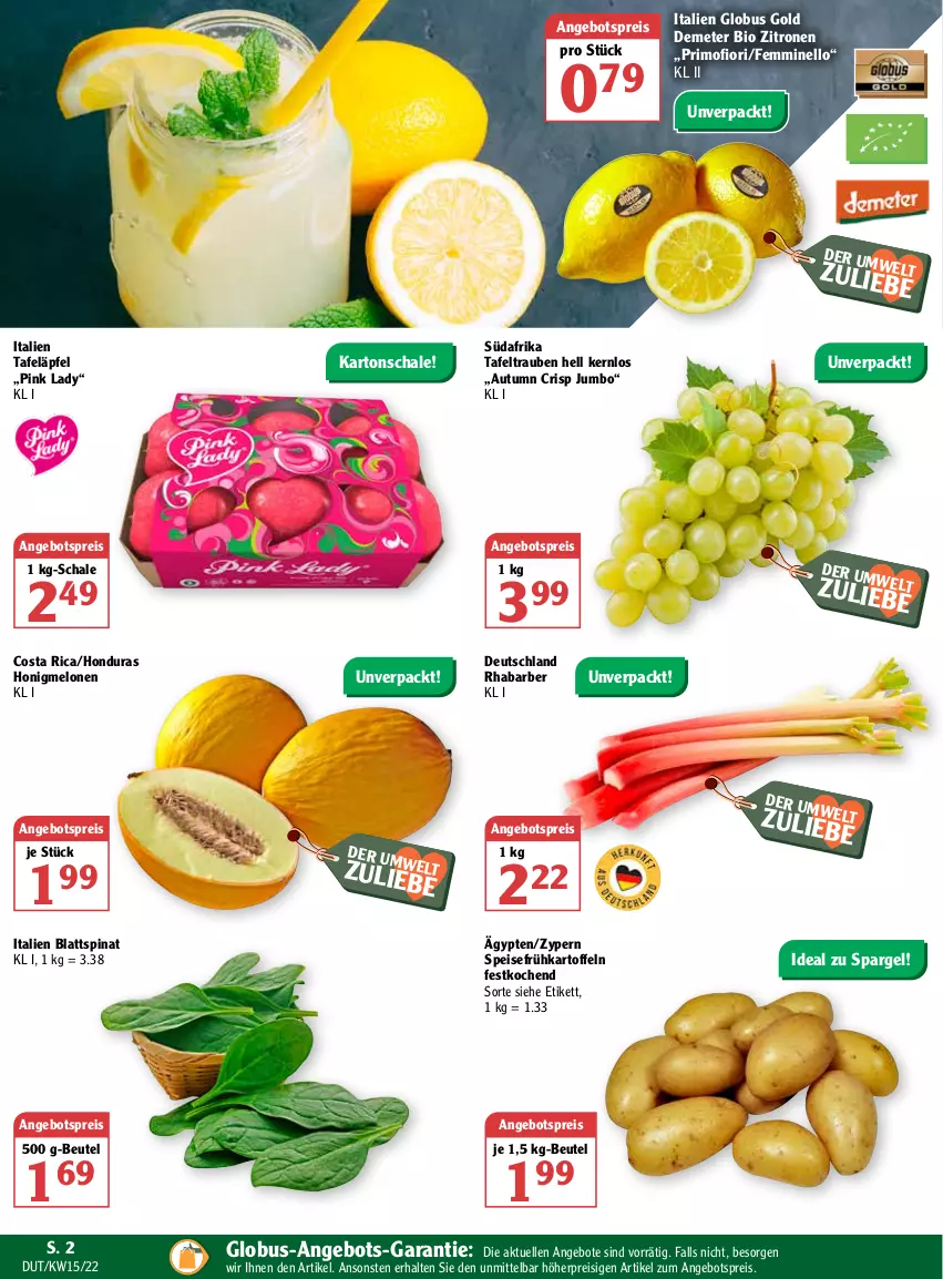 Aktueller Prospekt Globus - Prospekte - von 11.04 bis 16.04.2022 - strona 8 - produkty: angebot, angebote, angebotspreis, beutel, bio, blattspinat, eis, elle, emmi, Frühkartoffeln, honig, honigmelone, honigmelonen, jumbo, kartoffel, kartoffeln, melone, melonen, Pink Lady, reis, rhabarber, Schal, Schale, spargel, speisefrühkartoffeln, spinat, tafeläpfel, tafeltrauben, Ti, trauben, zitrone, zitronen