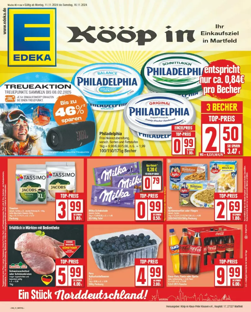 Aktueller Prospekt Edeka - Prospekte - von 11.11 bis 16.11.2024 - strona 1 - produkty: Bau, Becher, deka, frischkäse, frischkäsezubereitung, Käse, philadelphia, sim, tassimo, Ti