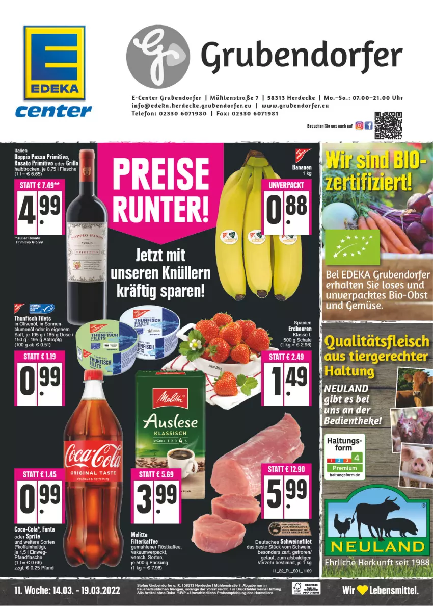 Aktueller Prospekt E Center - Angebote der Woche - von 14.03 bis 19.03.2022 - strona 1 - produkty: aldi, beere, beeren, bio, Bio-Obst, coca-cola, cola, decke, deka, ente, erdbeere, erdbeeren, erde, fanta, filet, filets, fisch, flasche, gin, grill, grillo, in olivenöl, lebensmittel, obst, olive, oliven, olivenöl, primitivo, rosato, saft, Schal, Schale, tee, telefon, thunfisch, thunfisch filets, Ti, uhr, und gemüse, wein, weine, Yo