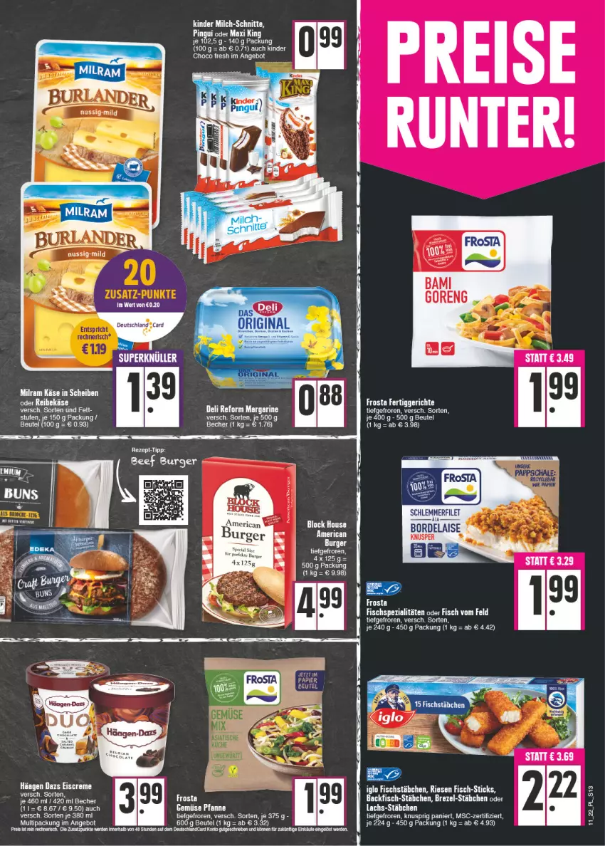 Aktueller Prospekt E Center - Angebote der Woche - von 14.03 bis 19.03.2022 - strona 13 - produkty: angebot, backfisch, Becher, beef, beutel, burger, choco fresh, deutschlandcard, eier, eis, erde, fertiggericht, fertiggerichte, filet, fisch, fischstäbchen, frosta, Käse, Kinder, Kinder Choco fresh, lachs, milch, milch-schnitte, milram, pfanne, Reibekäse, reis, schlemmerfilet, tee, Ti