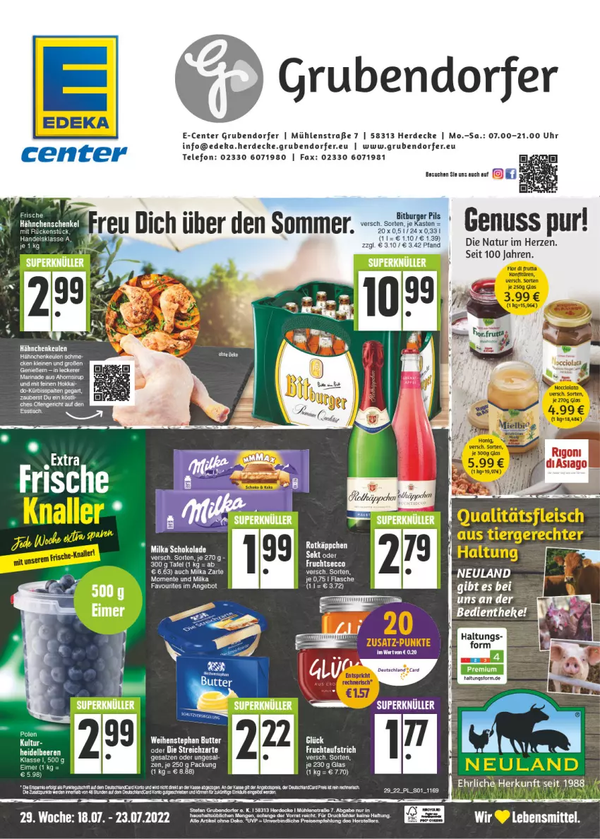 Aktueller Prospekt E Center - Angebote der Woche - von 18.07 bis 23.07.2022 - strona 1 - produkty: angebot, Berger, bitburger, bitburger pils, burger, butter, decke, deka, ecco, eimer, ente, erde, frucht, fruchtsecco, Kürbis, lebensmittel, leine, LG, marinade, milka, milka schokolade, natur, Ofen, pils, salz, schoko, schokolade, sirup, Streichzart, tee, telefon, uhr, weihenstephan