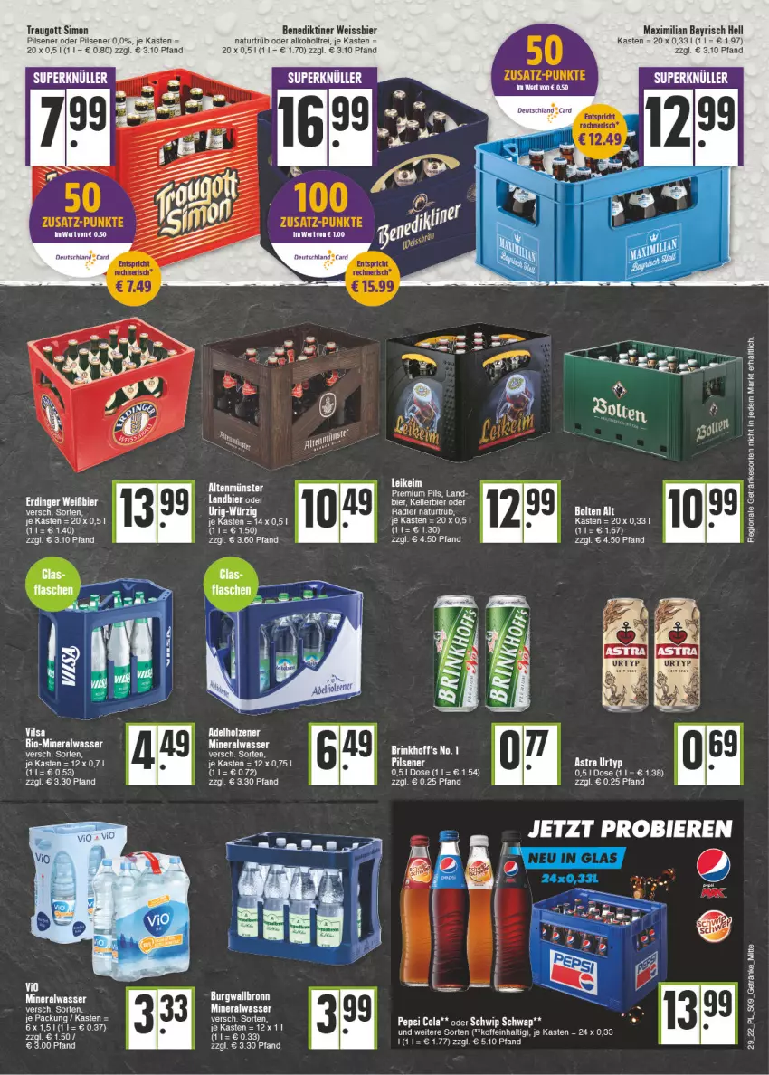 Aktueller Prospekt E Center - Angebote der Woche - von 18.07 bis 23.07.2022 - strona 9 - produkty: adelholzener, alkohol, Alwa, Astra, Benediktiner, bier, Biere, bio, burgwallbronn, eis, erdinger, flasche, getränk, getränke, Holz, mineralwasser, natur, pils, pilsener, premium pils, radler, sim, Ti, urtyp, vilsa, wasser, weissbier