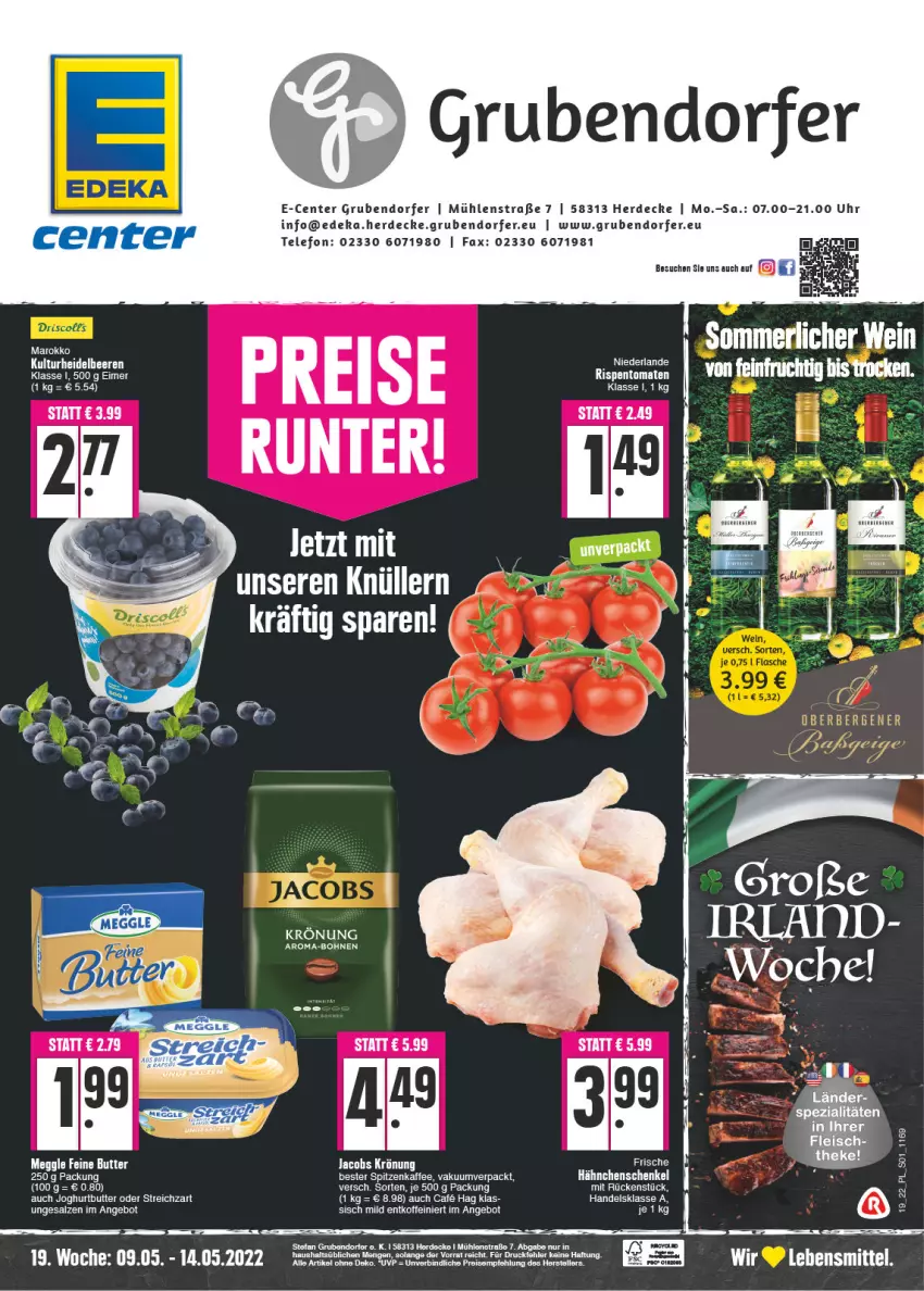 Aktueller Prospekt E Center - Angebote der Woche - von 09.05 bis 14.05.2022 - strona 1 - produkty: angebot, bohne, bohnen, butter, decke, deka, ente, erde, hähnchenschenkel, henkel, jacobs, jacobs krönung, joghur, joghurt, kaffee, lebensmittel, meggle, merl, rispentomaten, salz, schenkel, Streichzart, telefon, Ti, tomate, tomaten, uhr, wein