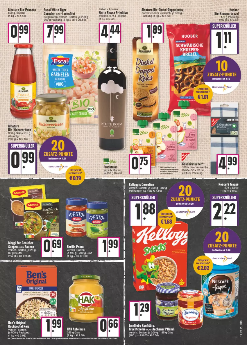 Aktueller Prospekt E Center - Angebote der Woche - von 09.05 bis 14.05.2022 - strona 13 - produkty: apfel, apfelmus, barilla, Bau, baumwolle, Ben’s Original, beutel, bio, brezel, deutschland card, deutschlandcard, eis, erbsen, erde, escal, filet, flasche, fleisch, frucht, Fruchtmus, garnelen, geschirr, geschirrtücher, gin, huober, keks, kichererbsen, konfitüre, lachs, lachsfilet, landliebe, milch, natur, natura, pesto, primitivo, reis, rind, rindfleisch, sauce, saucen, suppe, suppen, Ti, tücher, vollmilch, wolle