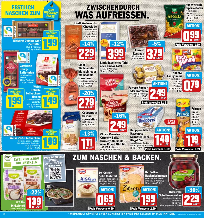 Aktueller Prospekt Hit - Prospekte - von 10.10 bis 15.10.2022 - strona 10 - produkty: Amber, auer, backmischung, Backmischungen, ball, beutel, bio, brezel, Brezeln, choco crossies, cola, coppenrath, crossies, dinkelmehl, discount, Dr. Oetker, eis, elle, ferrero, Ferrero Rocher, funny-frisch, gewürz, haselnuss, honig, kitkat, knoppers, kuchen, lachgummi, lambertz, Lebkuchen, lindor, lindt, mandel, mandeln, mehl, milch, morellen, nimm2, nuss, odenwald, pilze, prinzen rolle, raffaello, reis, reiss, rel, riegel, saft, schattenmorellen, schnitten, Speck, Spezi, Ti, vollmilch, ZTE, zucker