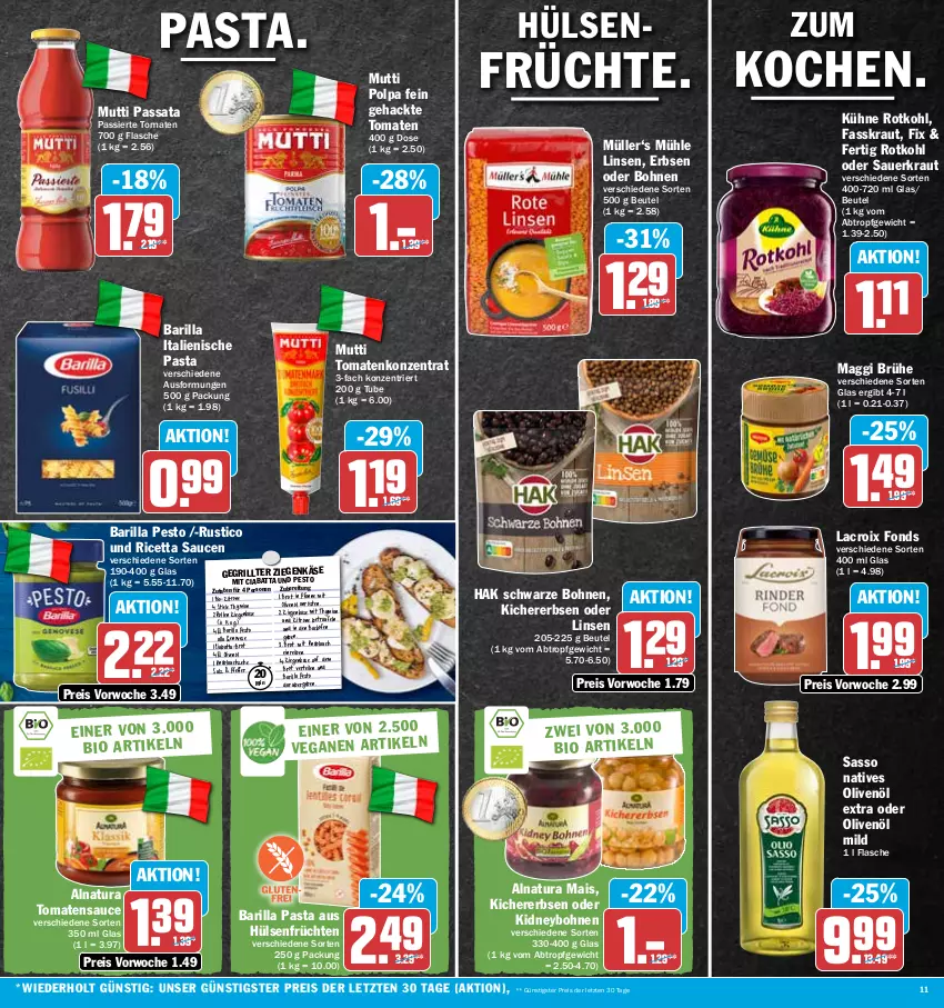 Aktueller Prospekt Hit - Prospekte - von 10.10 bis 15.10.2022 - strona 11 - produkty: auer, backofen, barilla, beutel, bio, bohne, bohnen, brot, Brühe, ciabatta, eis, erbsen, flasche, früchte, früchten, genovese, grill, hülsenfrüchte, italienische pasta, Käse, kichererbsen, kidney, knoblauch, Kraut, Kühne, linsen, maggi, mais, mit knoblauch, Müller, Mutti, natives olivenöl, natur, natura, Ofen, olive, oliven, olivenöl, olivenöl extra, pasta, pesto, pfanne, pfeffer, reis, rotkohl, salz, sauce, saucen, Sauerkraut, senf, Ti, tomate, tomaten, tomatensauce, ziegenkäse, zitrone, ZTE