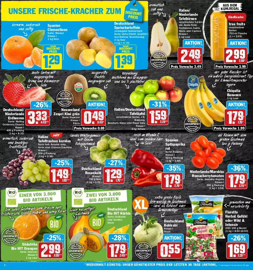 Aktueller Prospekt Hit - Prospekte - von 10.10 bis 15.10.2022 - strona 2 - produkty: asti, auer, aus dem kühlregal, banane, bananen, beere, beeren, berliner, beutel, bio, bio hit, Birnen, cherrytomaten, chiquita, clementinen, discount, eis, Elan, elle, ente, erdbeere, erdbeeren, flasche, fleisch, florette, frucht, früchte, fruchtfleisch, glasflasche, ilag, kartoffel, kartoffeln, kiwi, kohlrabi, kracher, kühlregal, Kürbis, leine, LG, mac, nuss, ombra, orange, orangen, papier, paprika, regal, reis, Ria, rosen, Rosenkohl, saft, salat, Schal, Schale, snack, speisekartoffeln, Spitzpaprika, tafeläpfel, tafelbirnen, tafeltrauben, Ti, tisch, tomate, tomaten, trauben, true fruits, vita, Vitamin C, Wild, zespri, ZTE, zucker