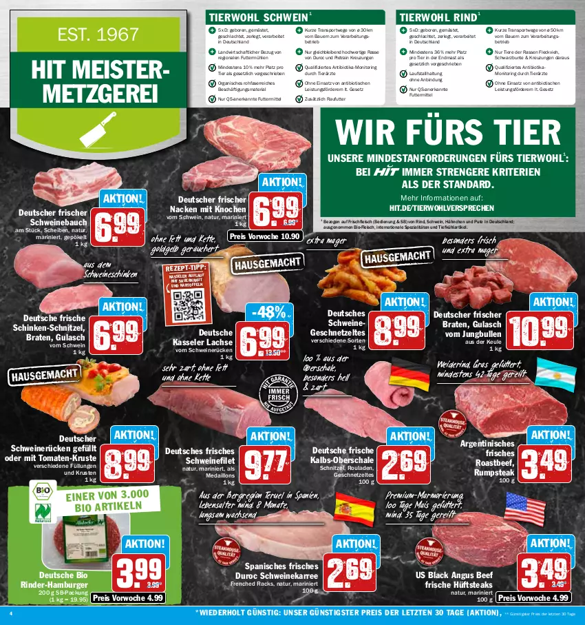 Aktueller Prospekt Hit - Prospekte - von 10.10 bis 15.10.2022 - strona 4 - produkty: auer, Bau, Bauer, beef, bio, braten, burger, eis, filet, fleisch, Geflügel, geschnetzeltes, gulasch, hamburger, hüftsteak, hüftsteaks, jungbullen, kartoffel, kartoffeln, kasseler, Kette, Kraut, lachs, lack, mais, medaillons, Meister, monitor, natur, pute, reis, Ria, rind, rinder, ring, roastbeef, rouladen, rum, rumpsteak, Sauerkraut, Schal, Schale, schinken, schnitzel, schwein, schweine, Schweinebauch, schweinefilet, schweinerücken, Spezi, Sport, steak, steaks, Ti, Tiere, tisch, tomate, tomaten, wein, weine, Zelt, ZTE