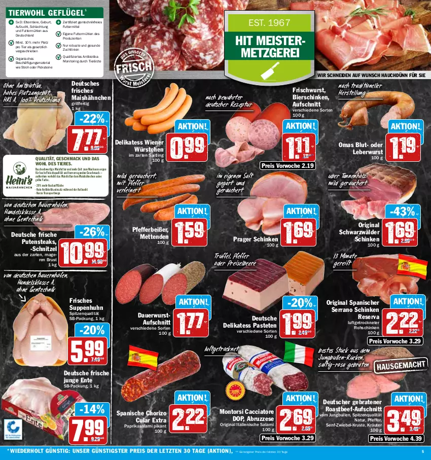 Aktueller Prospekt Hit - Prospekte - von 10.10 bis 15.10.2022 - strona 5 - produkty: ACC, angebot, auer, aufschnitt, Bau, Bauer, beef, beere, bier, bierschinken, bio, braten, chorizo, eis, elle, ente, erde, fleisch, Geflügel, gin, grill, Holz, im zarten saitling, jungbullen, kräuter, leberwurst, mac, mais, Meister, Mett, metten, Mettenden, monitor, montorsi, natur, nuss, paprika, pastete, pfeffer, Pfefferbeißer, pute, putensteaks, reis, rezept, Ria, ring, roastbeef, rohschinken, saft, salami, schinken, schnitzel, schwarzwälder schinken, senf, serrano, serrano schinken, spitzenqualität, Sport, steak, steaks, suppe, suppen, Suppenhuhn, Ti, Tiere, Trüffel, wiener, wurst, würstchen, ZTE, zwiebel